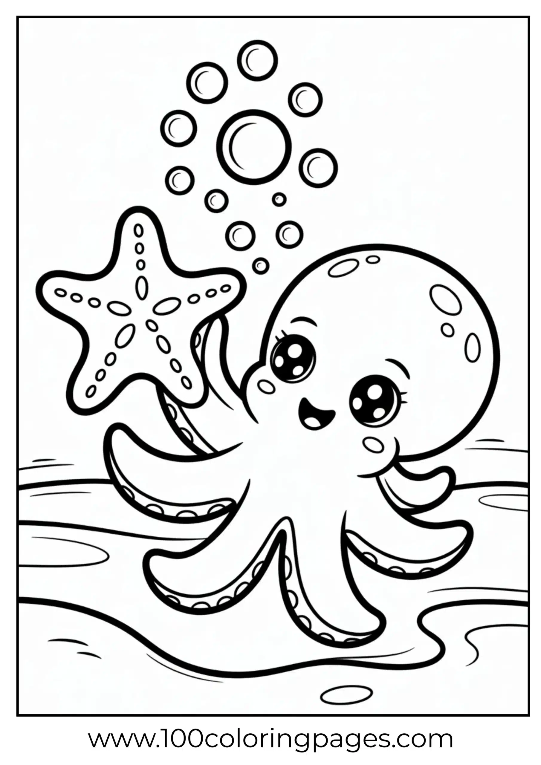 Octopus with starfish and bubbles coloring page