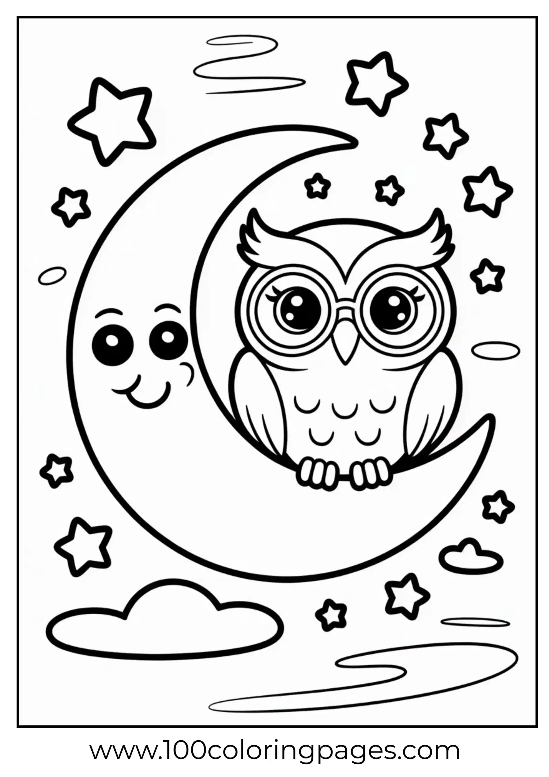 Owl with glasses on moon coloring page