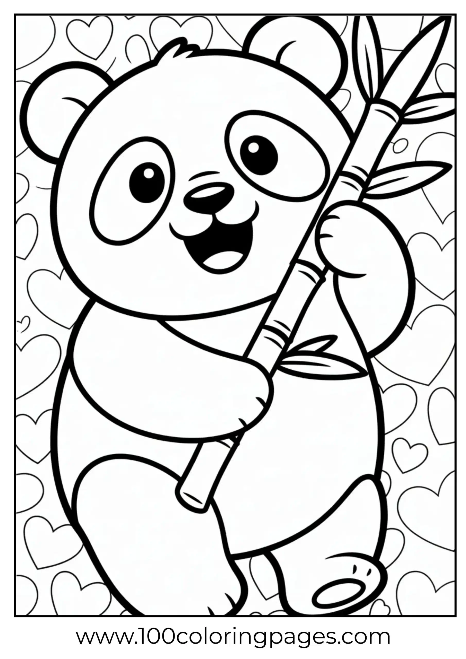 Panda eating bamboo with hearts coloring page
