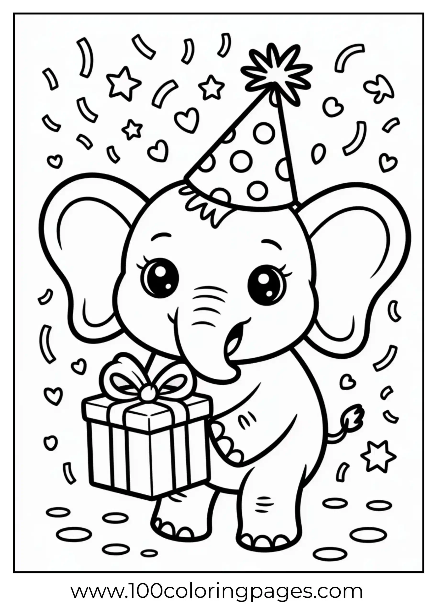 Elephant with hat and gift coloring page