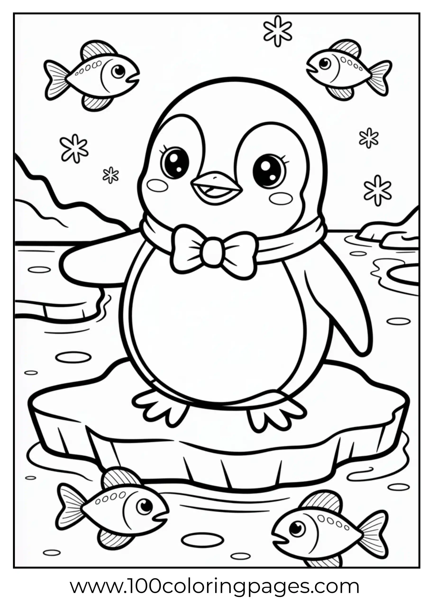 Penguin with bowtie and fish coloring page