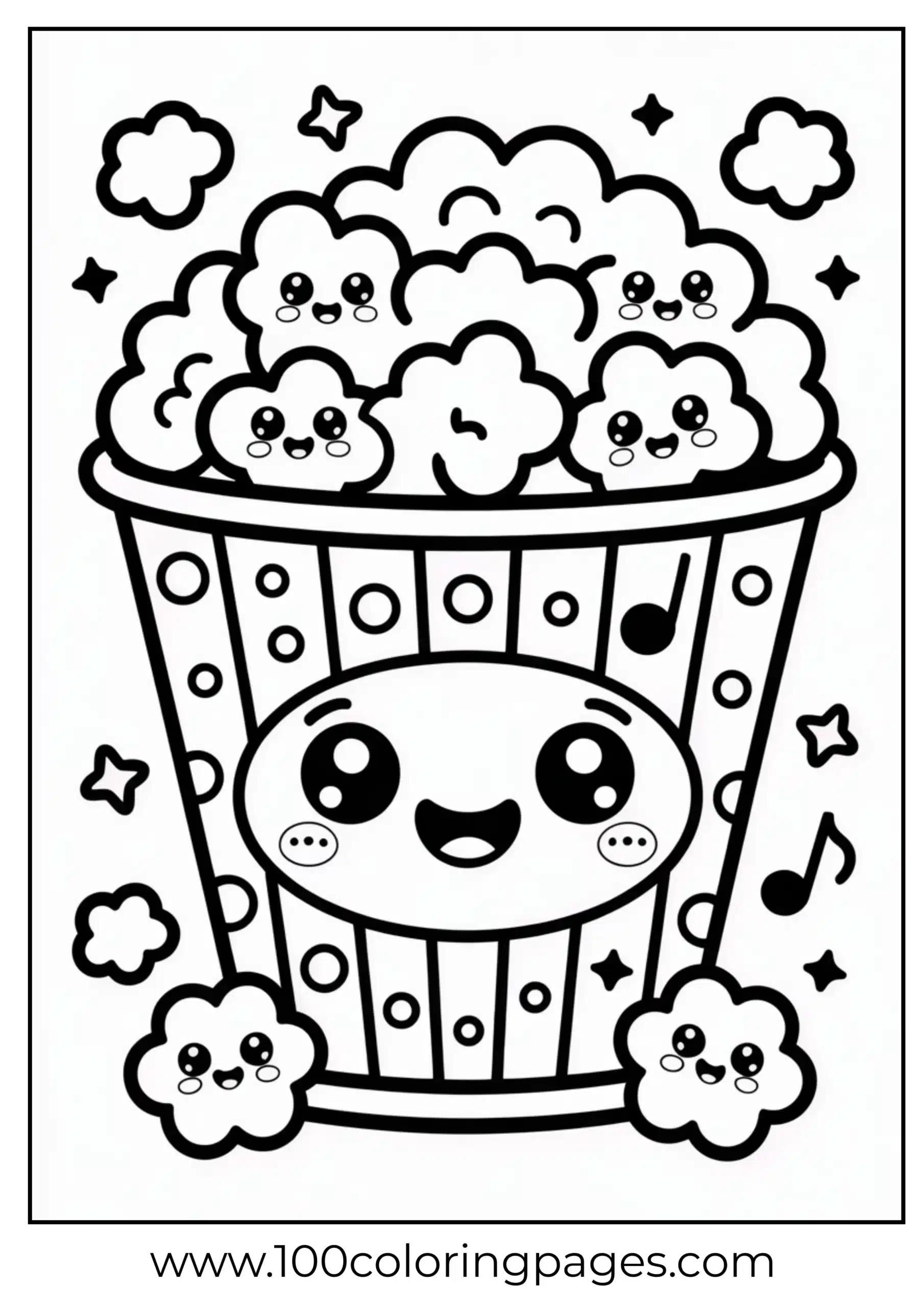 Popcorn bucket with smile and kernels coloring page