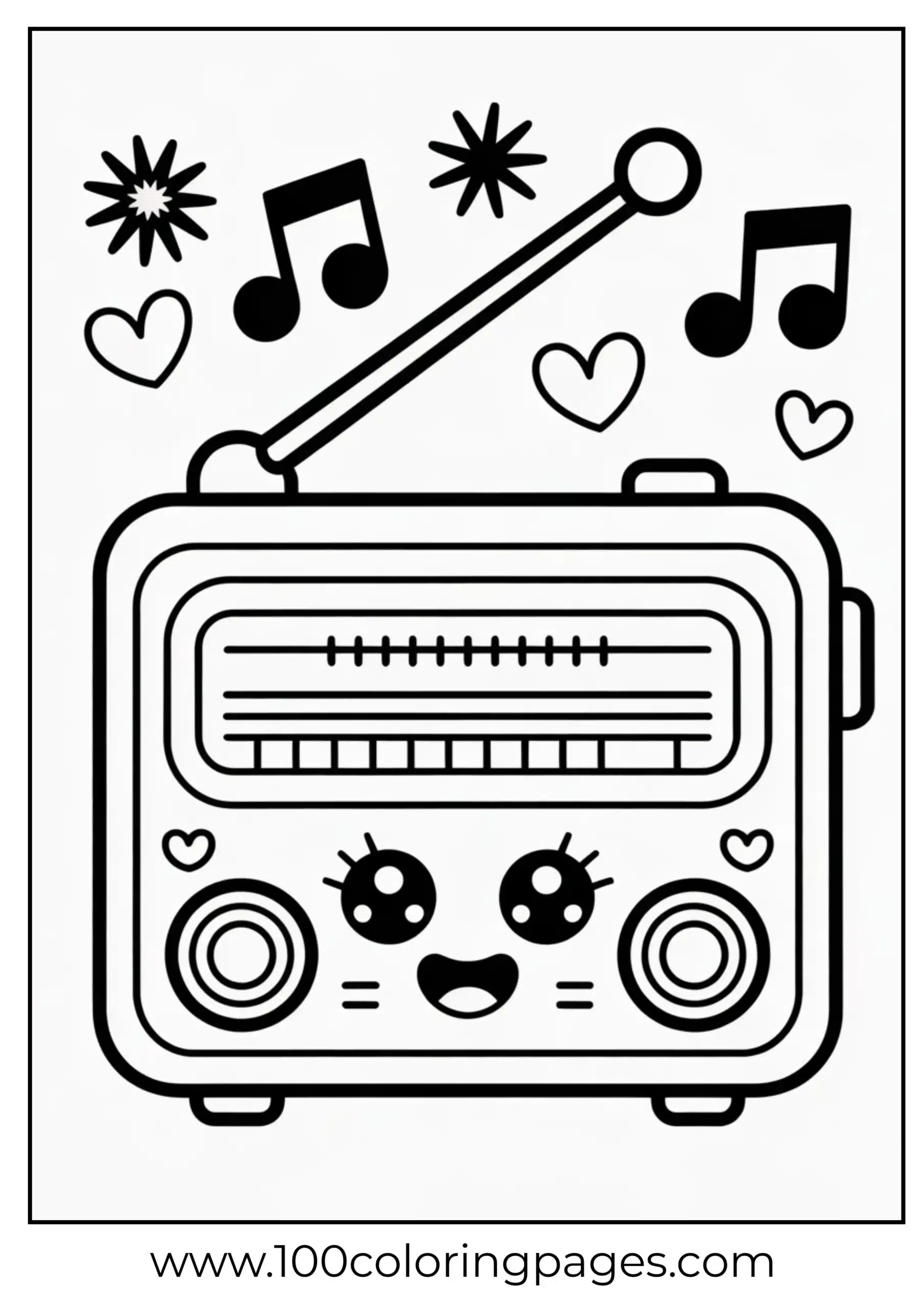 Retro radio with smile and notes coloring page