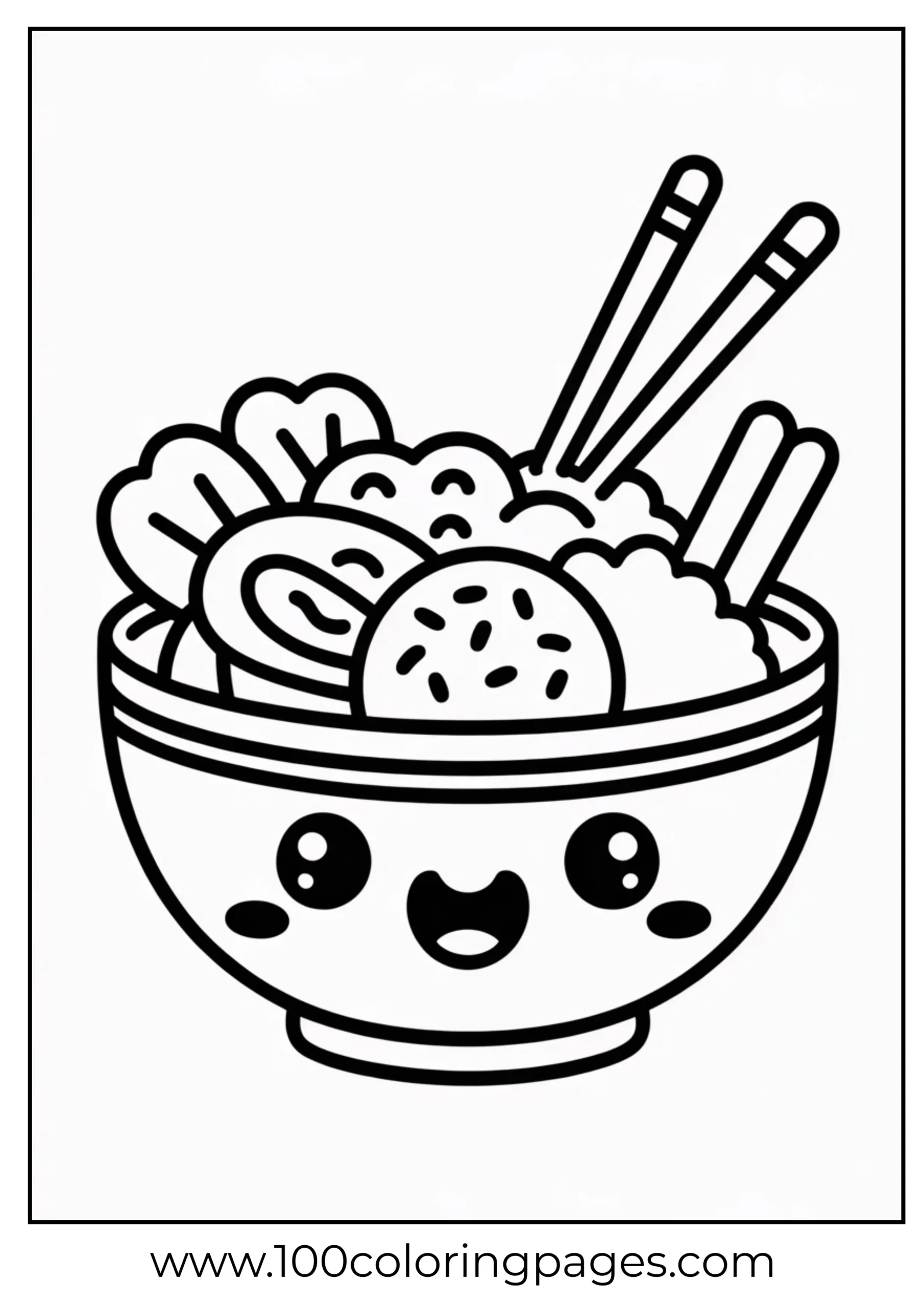 Smiling rice bowl with chopsticks coloring page