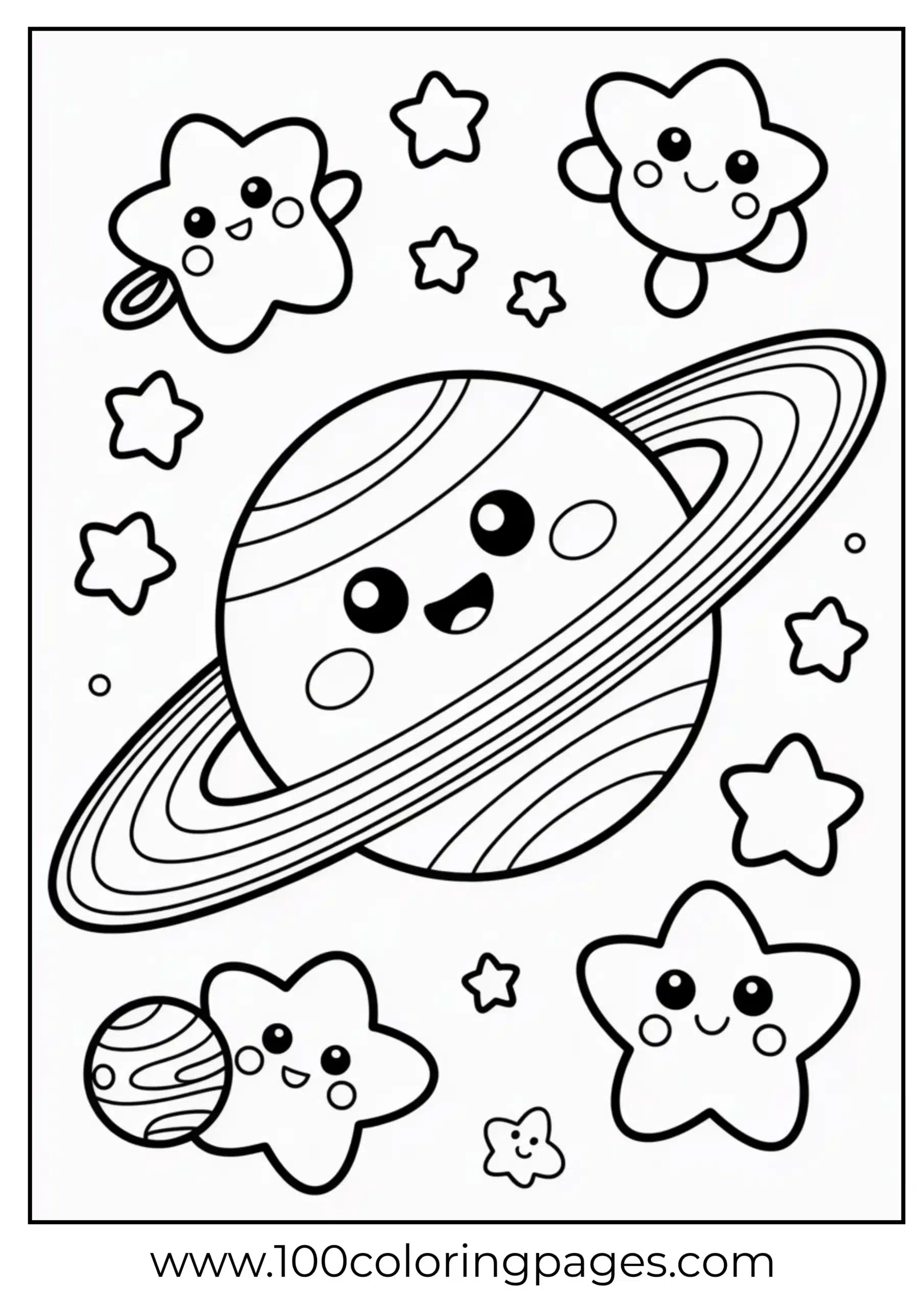 Saturn with ring and floating stars coloring page