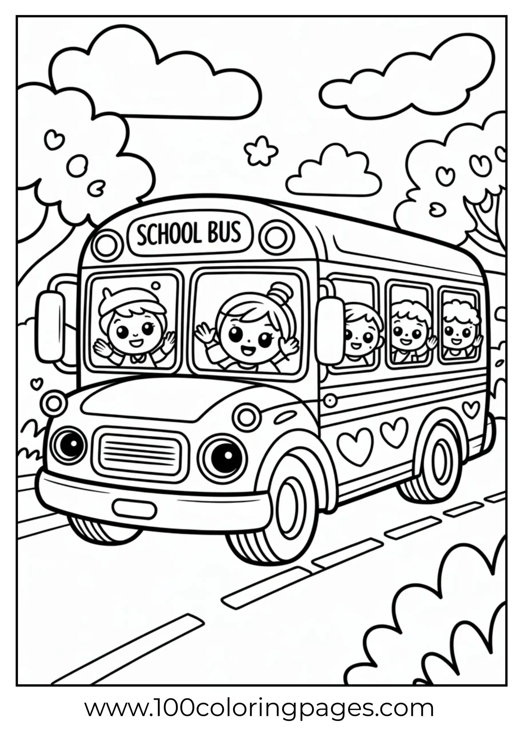 Smiling school bus with waving kids coloring page