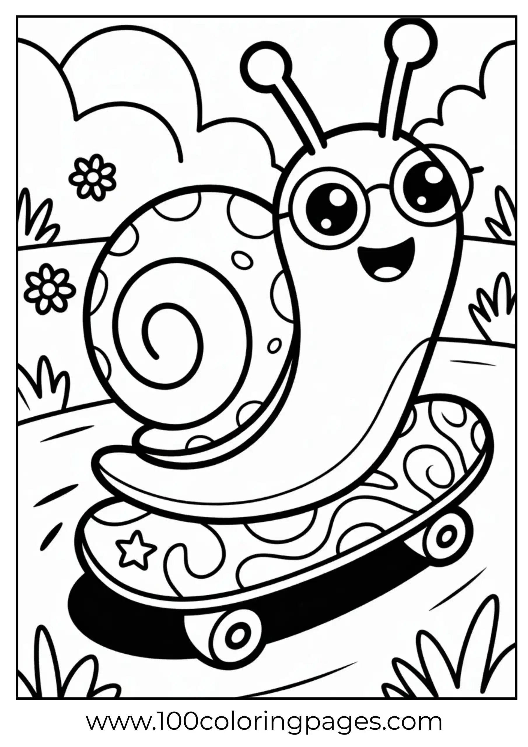 Snail on skateboard with glasses coloring page