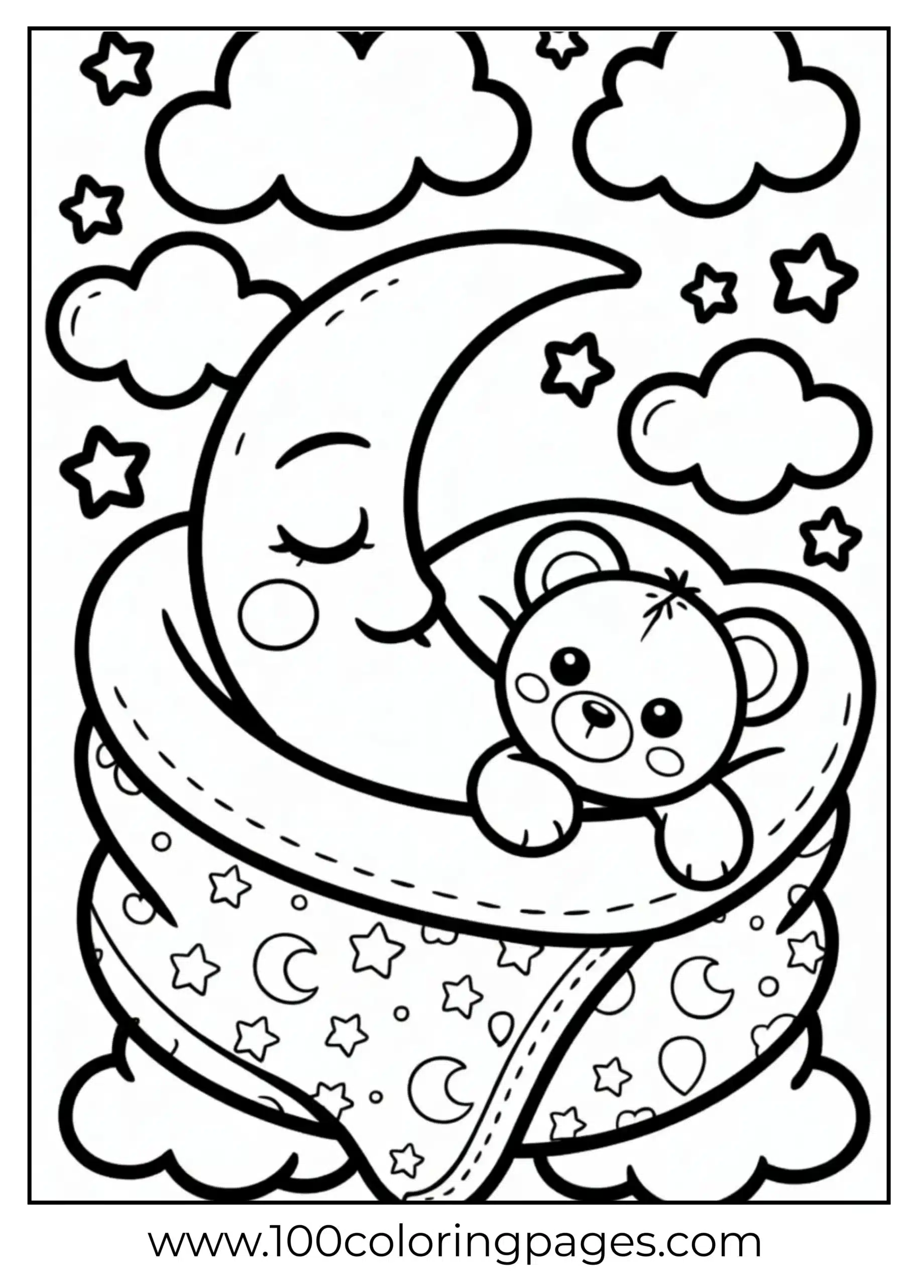 Moon sleeping with teddy and clouds coloring page
