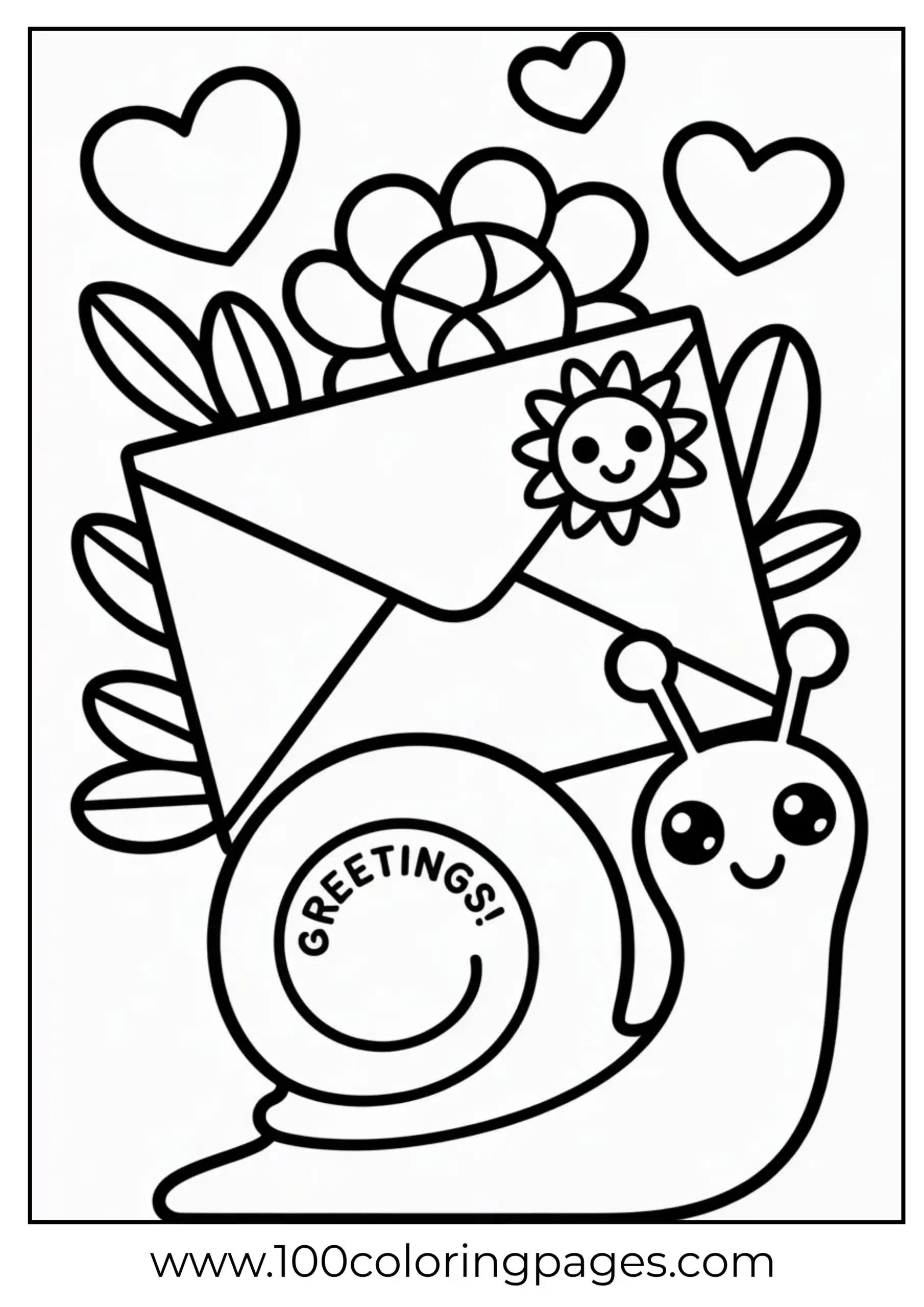 Envelope with hearts and smile coloring page
