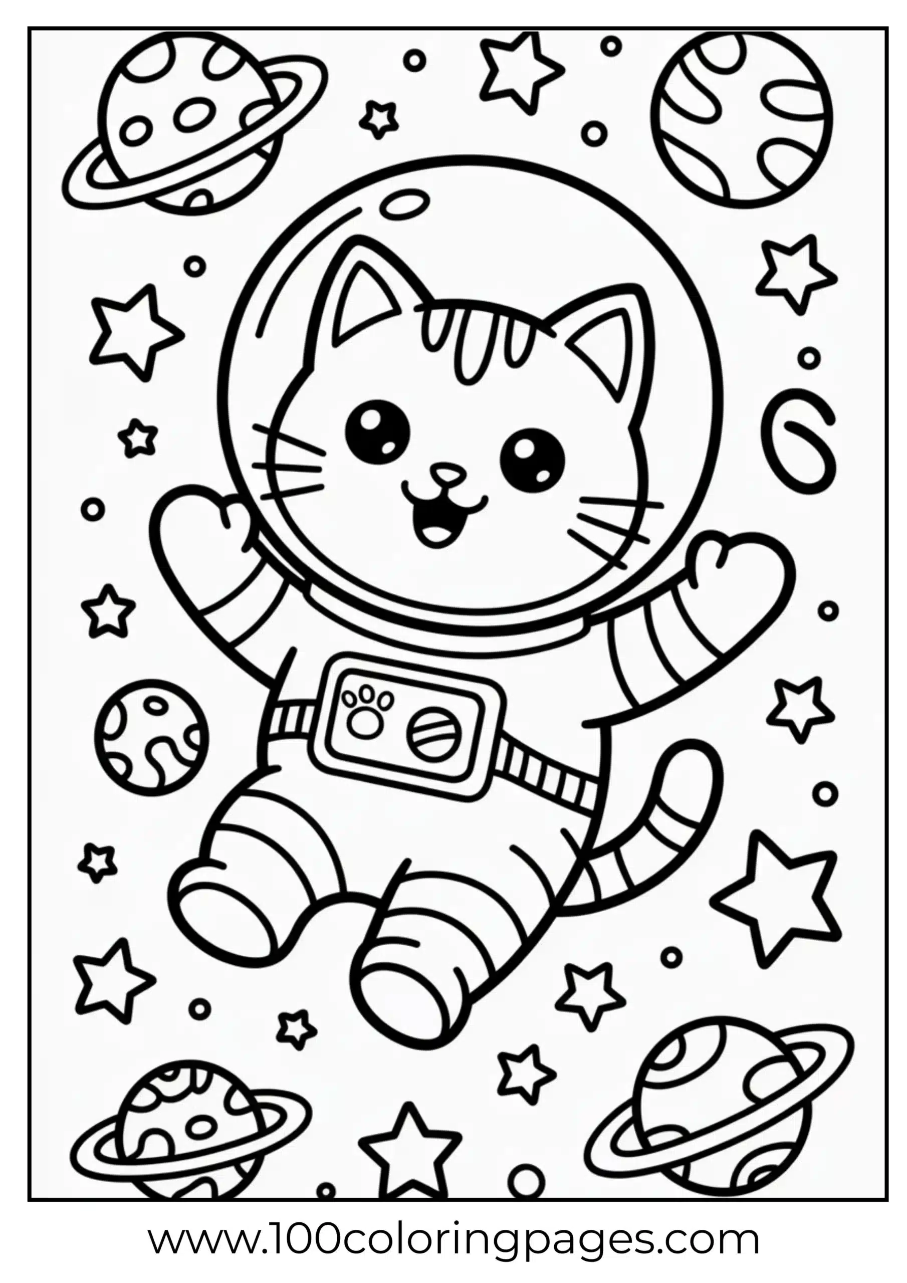 Cat in astronaut suit floating in space coloring page