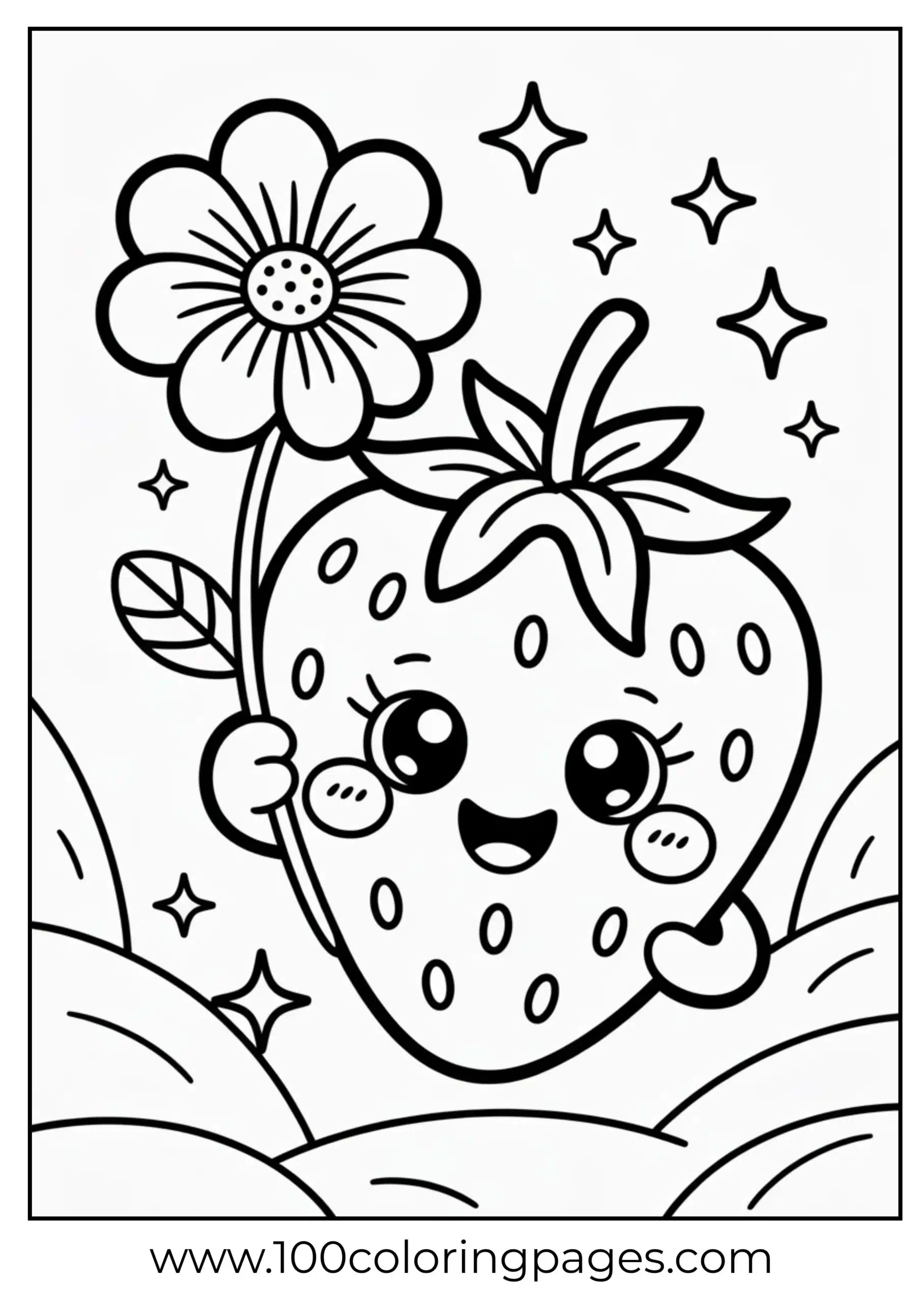 Smiling strawberry holding flower coloring page