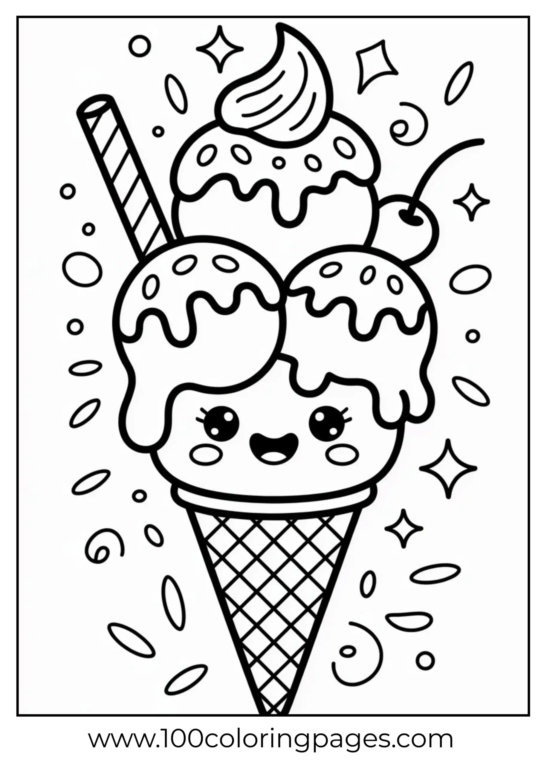 Ice cream sundae with smile and sparkles coloring page