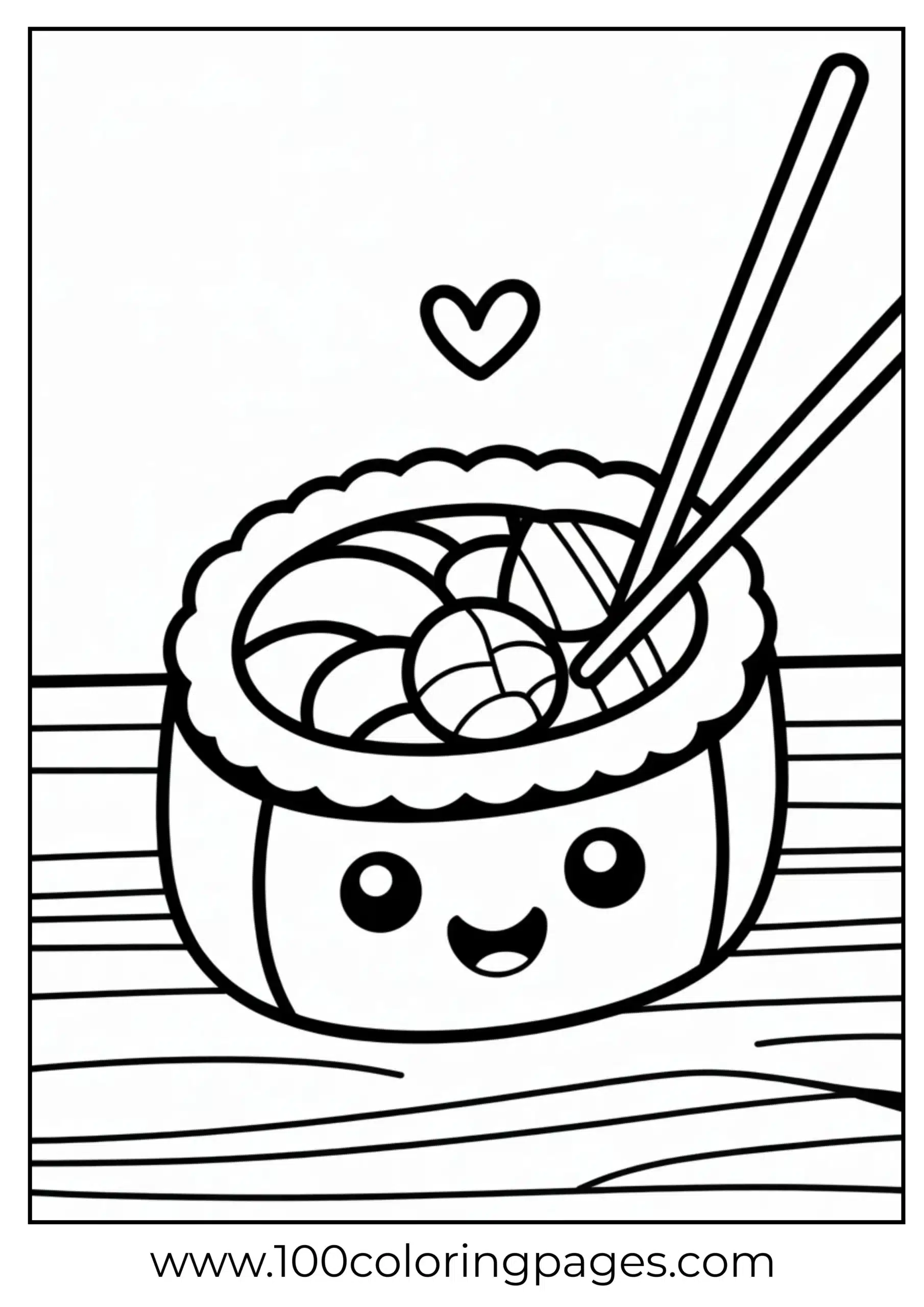 Kawaii sushi roll waving coloring page