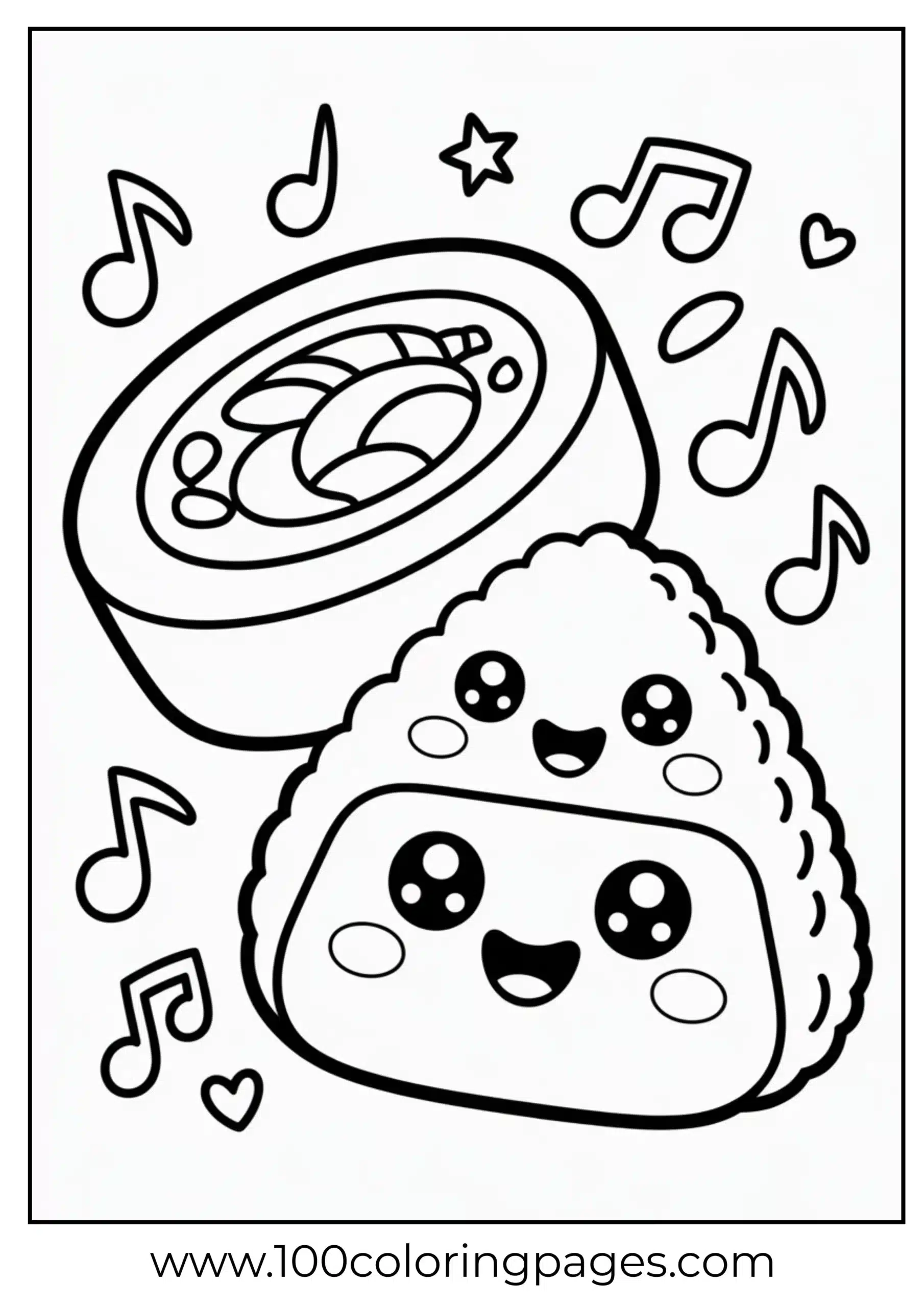 Happy sushi & onigiri duo coloring page