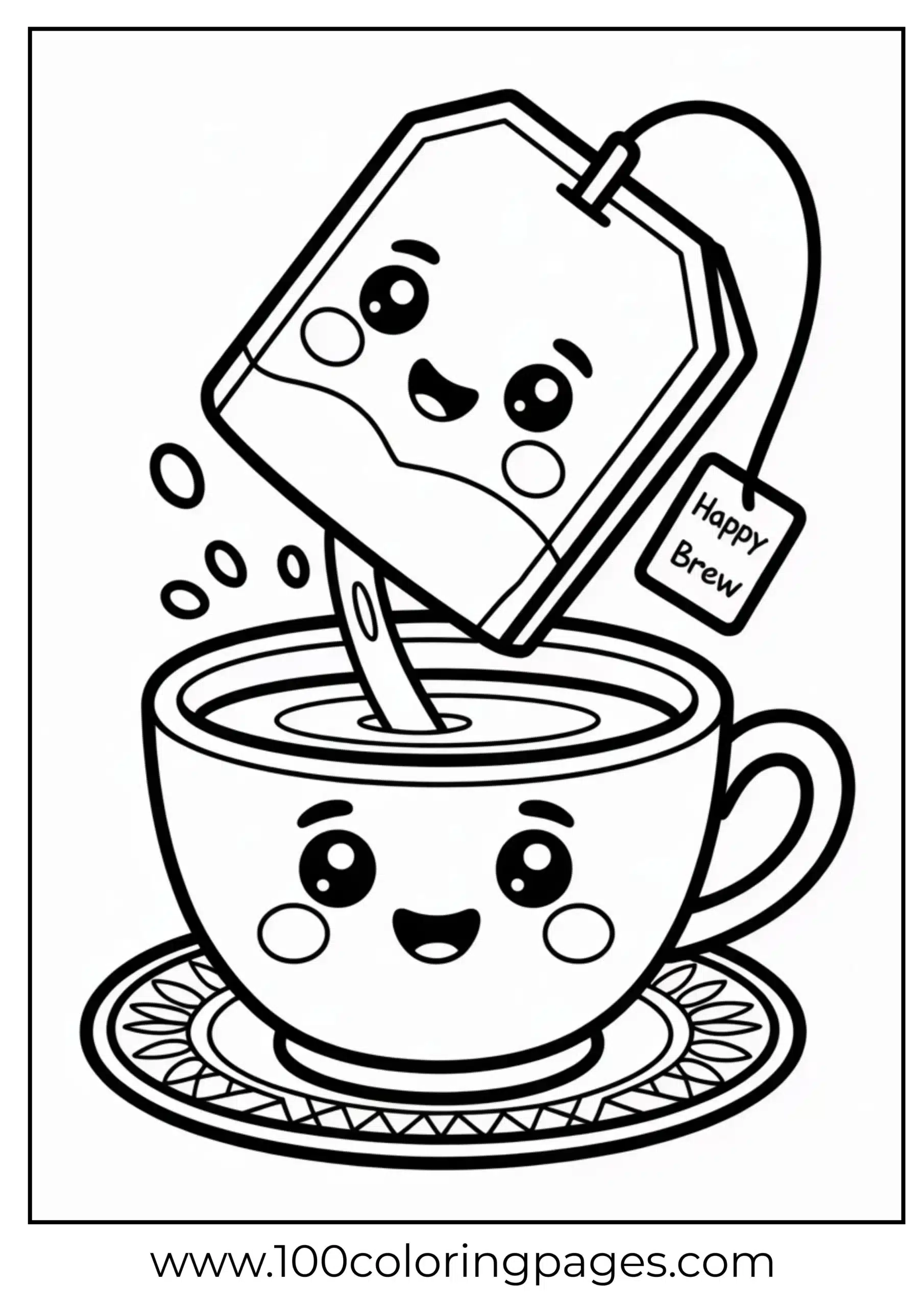 Teabag dipping in cup with smile coloring page