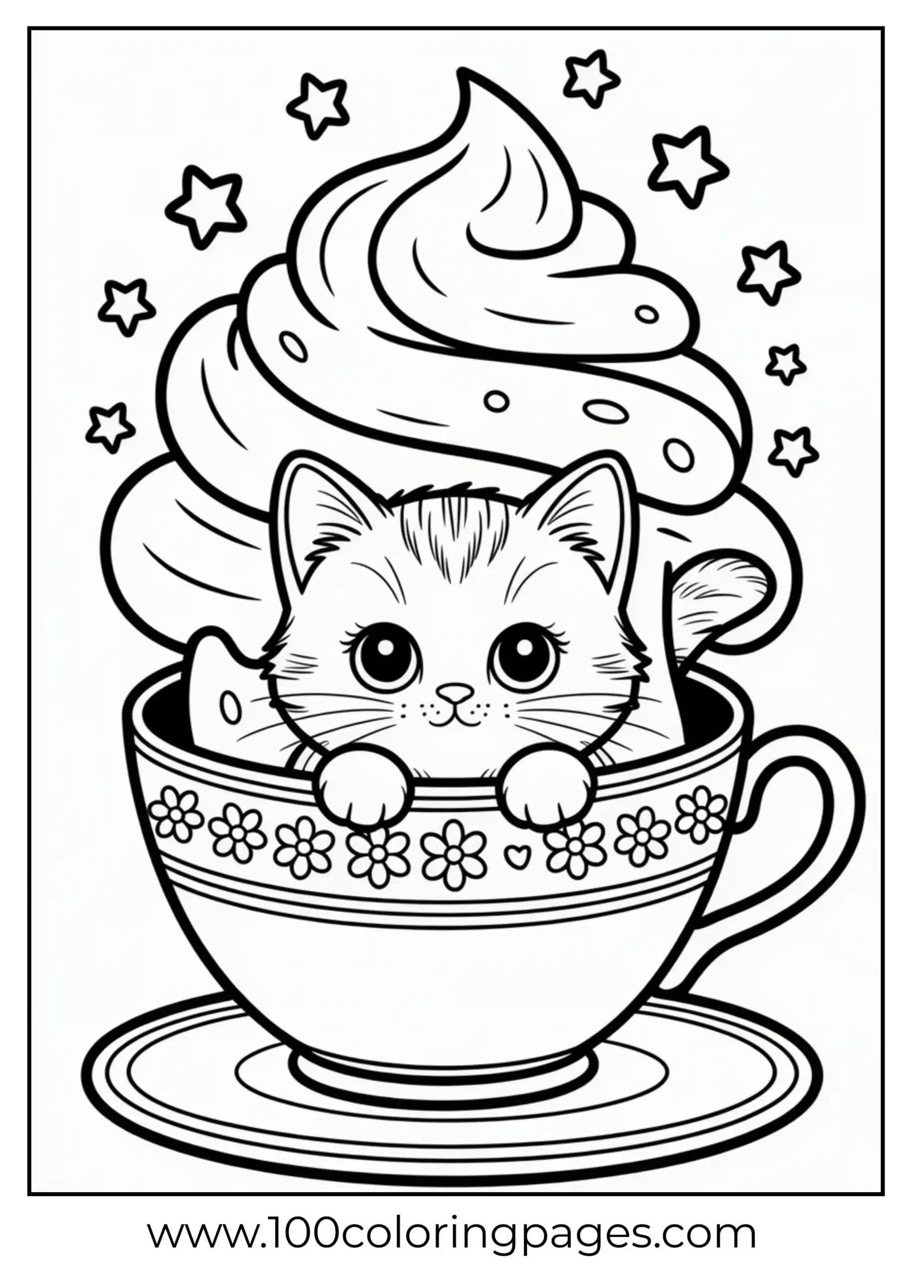 Cat inside teacup with cream coloring page