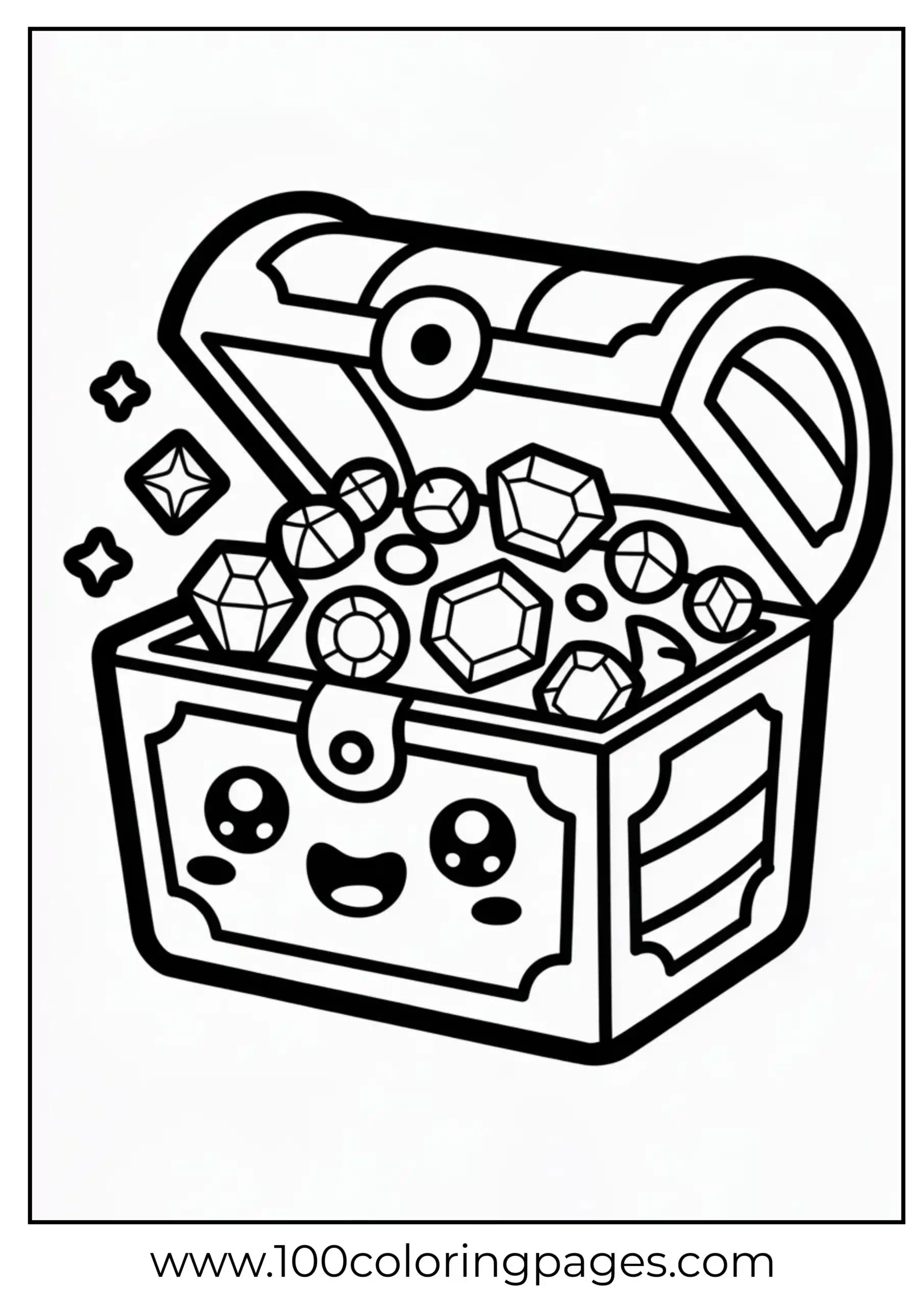 Treasure chest with smiling gems coloring page