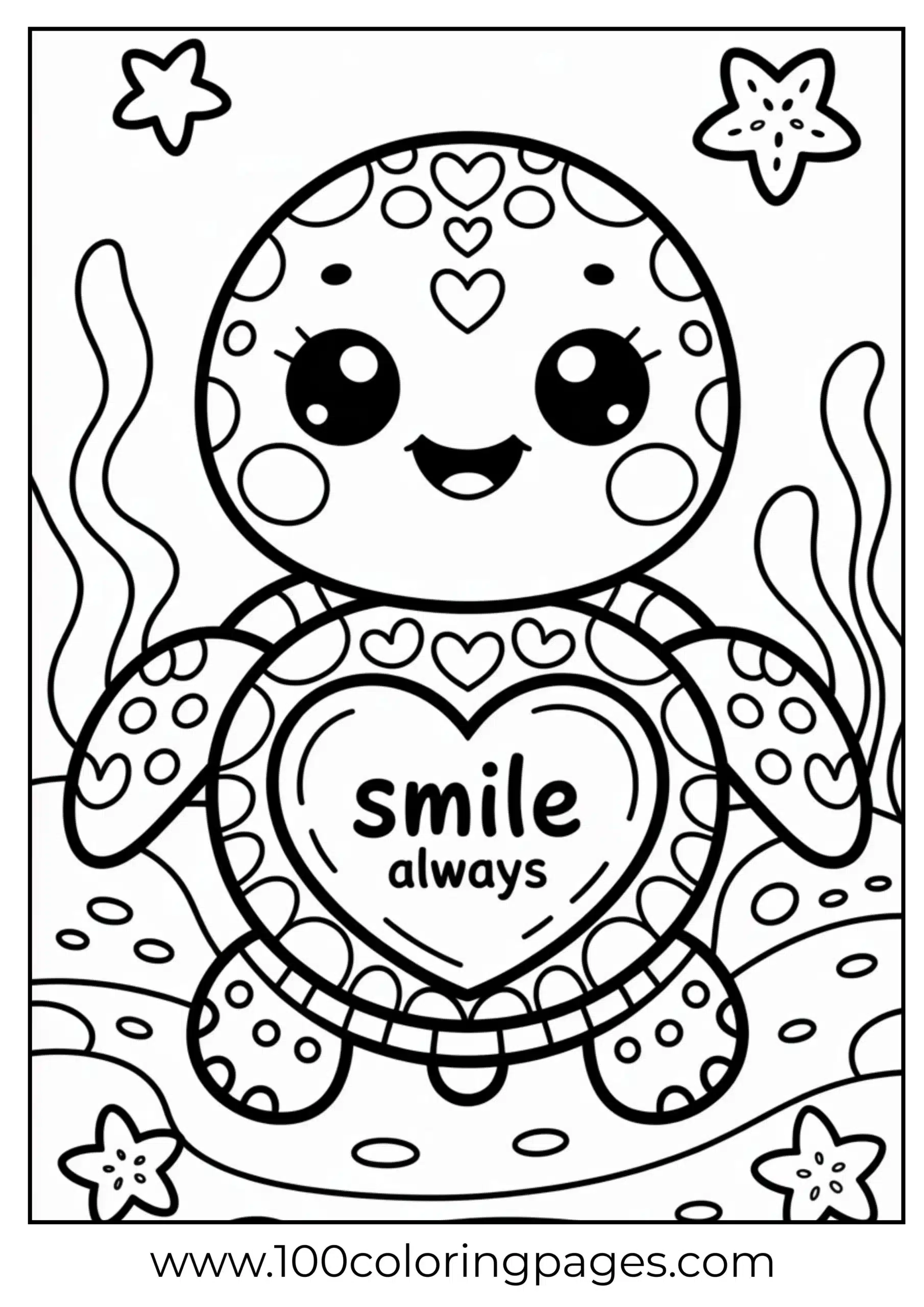Turtle with heart shell and big smile coloring page