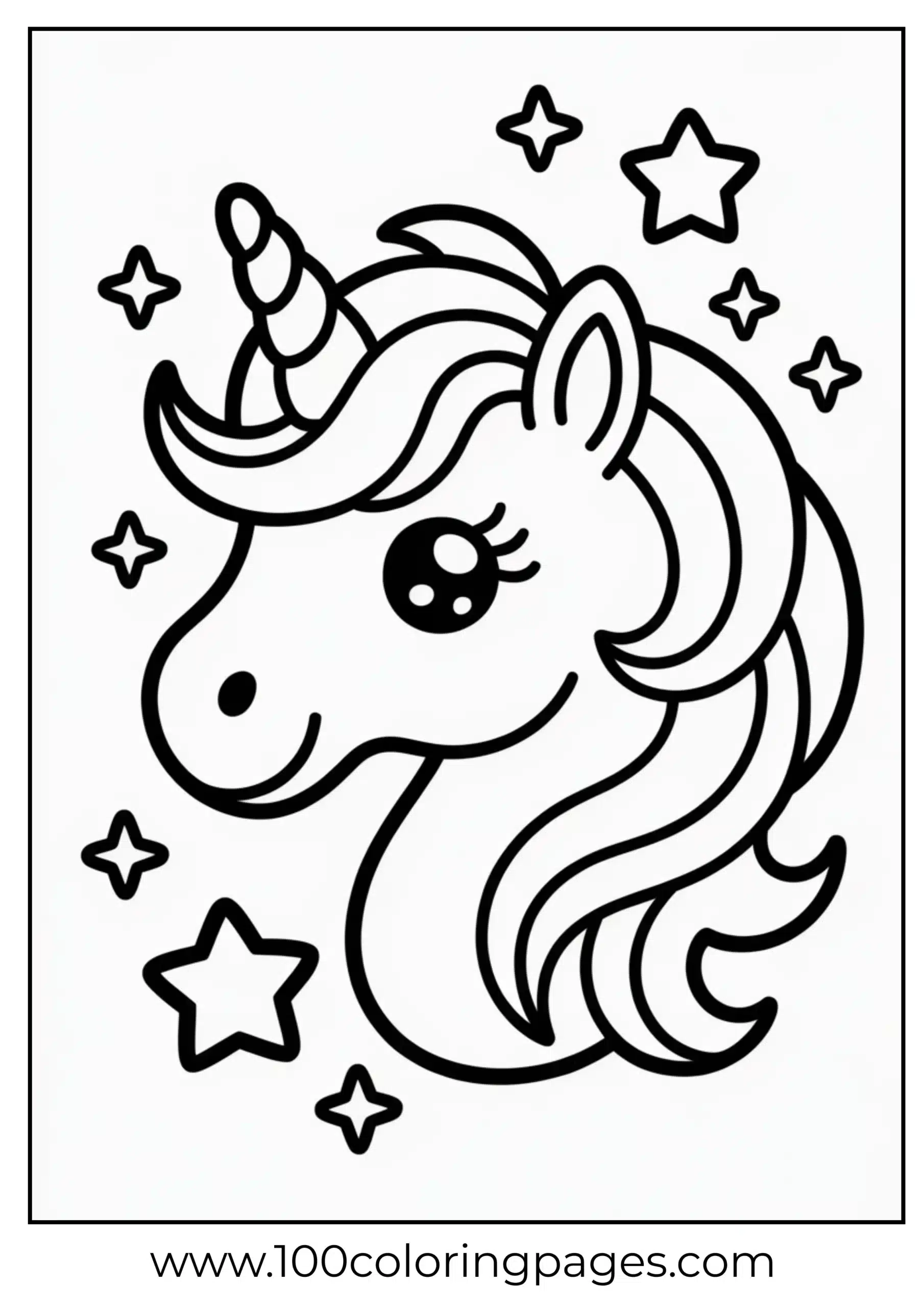 Unicorn with horn and stars coloring page