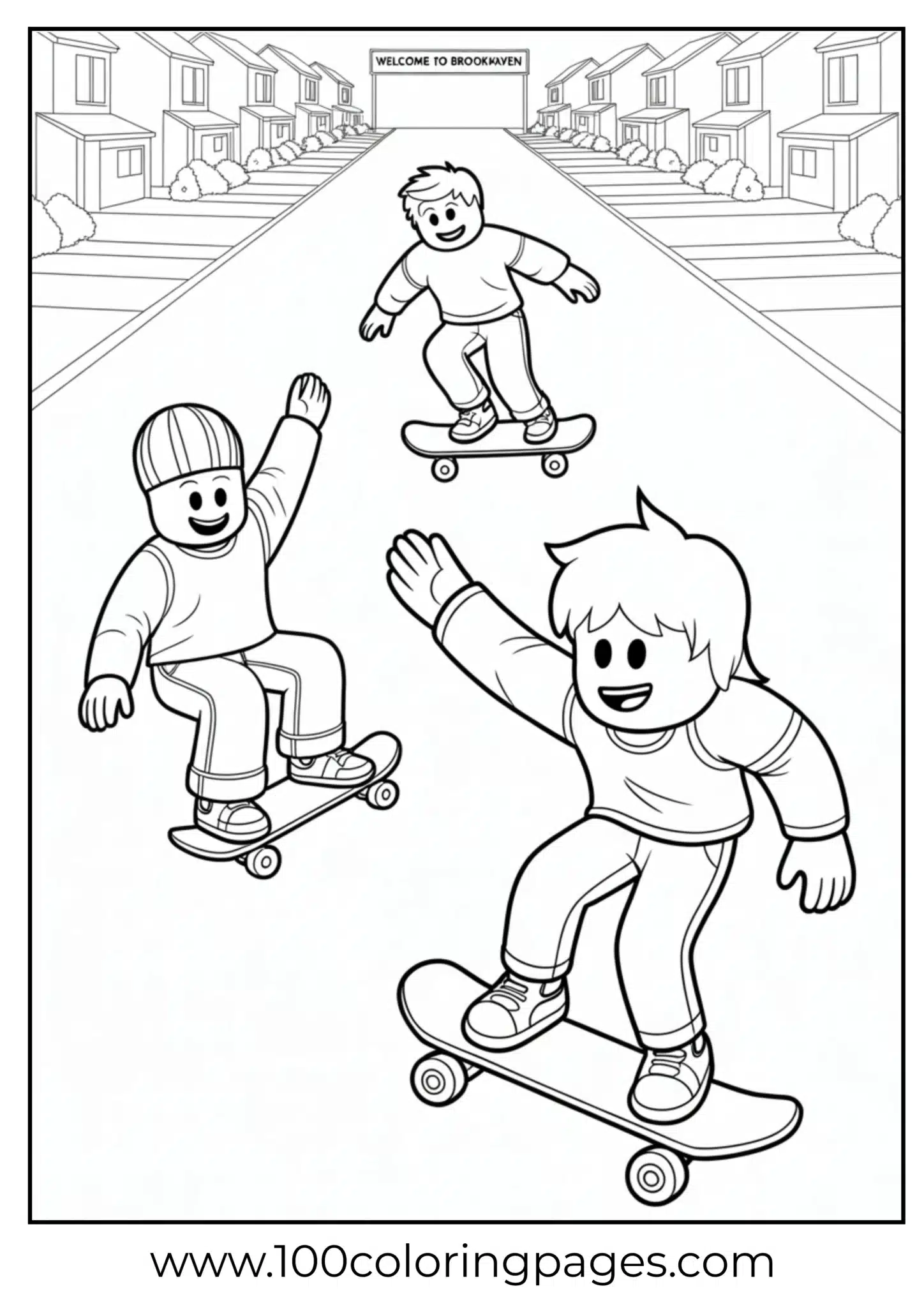 Three kids joyfully skateboarding down a suburban street