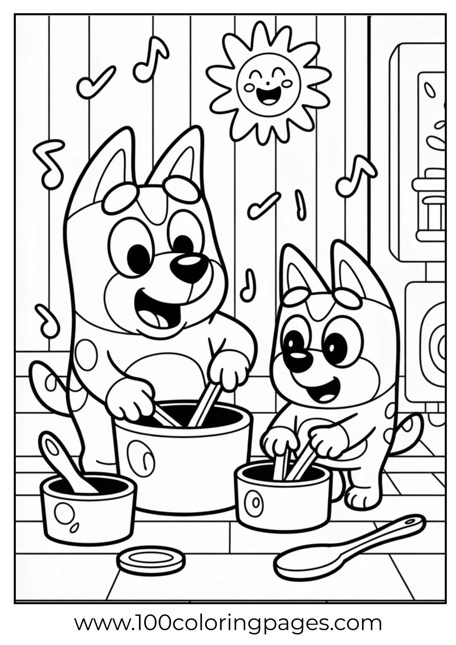 Bluey and Bingo playing music with kitchen items coloring page
