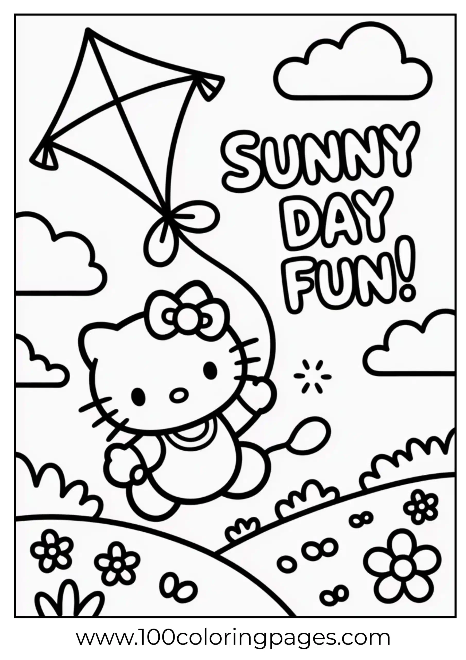 Hello Kitty flying a kite coloring page