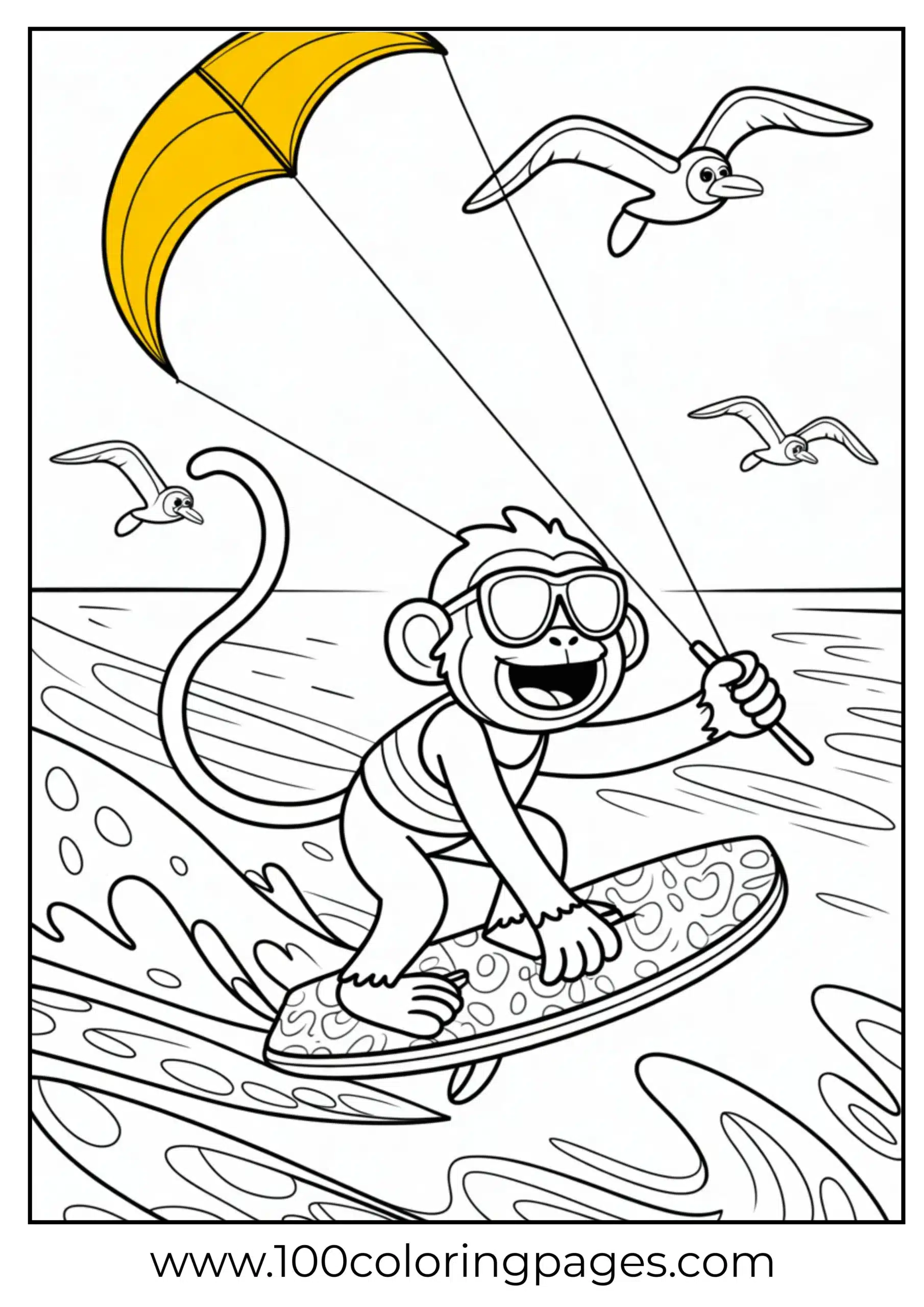 Monkey kiteboarding with banana sail coloring page