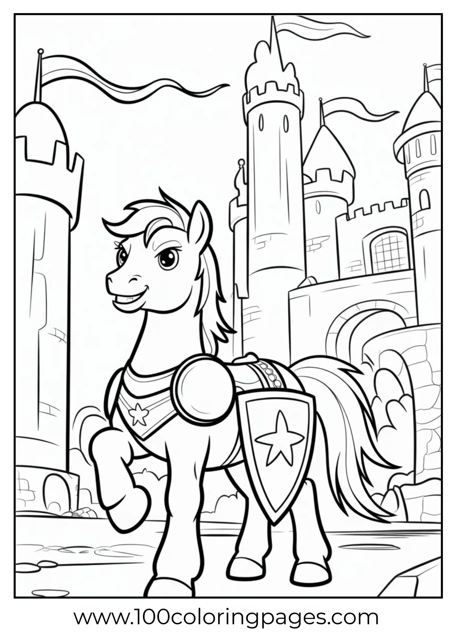 Pony in knight armor at castle