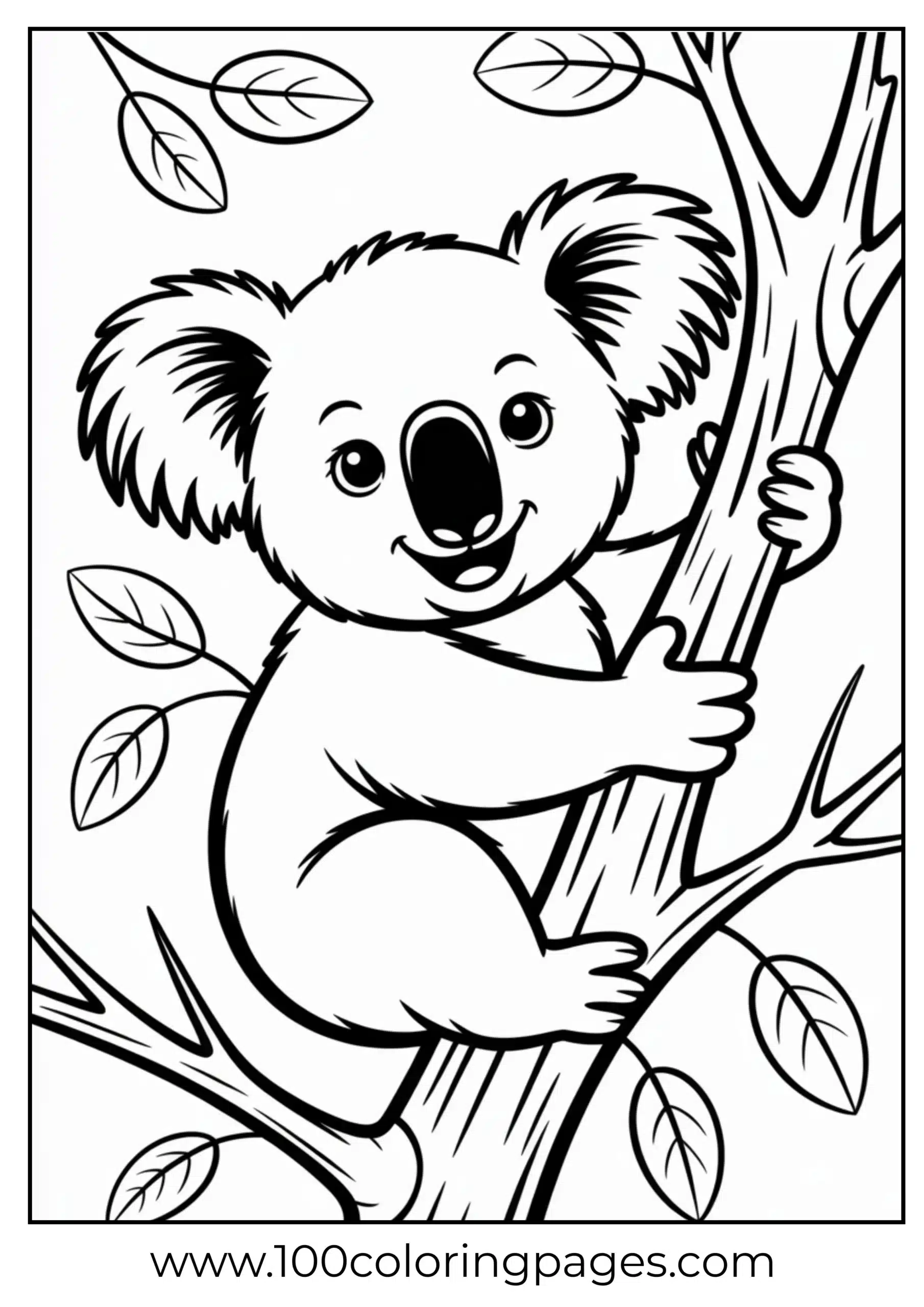 Cute koala hugging tree branch coloring page