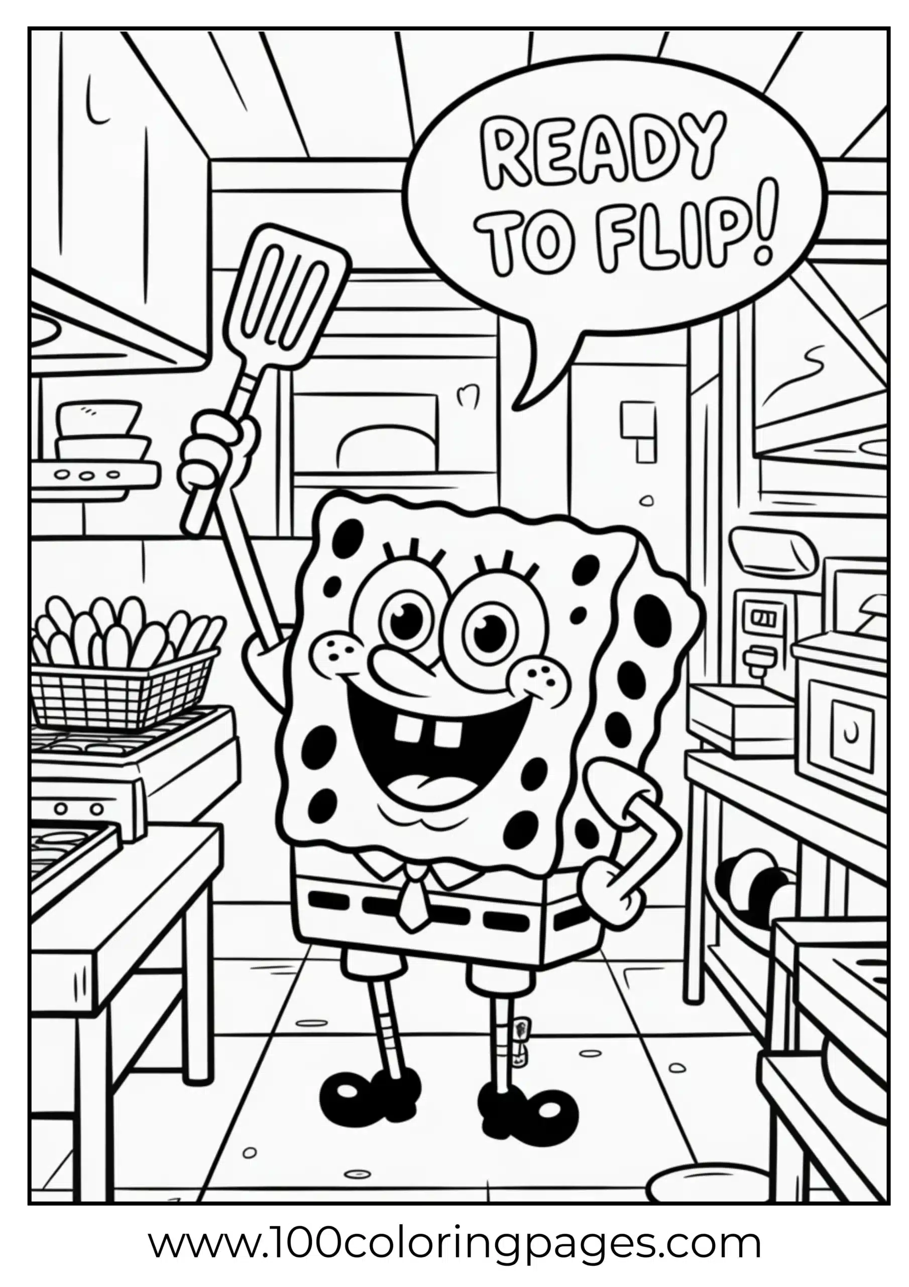 SpongeBob holding spatula inside Krusty Krab kitchen