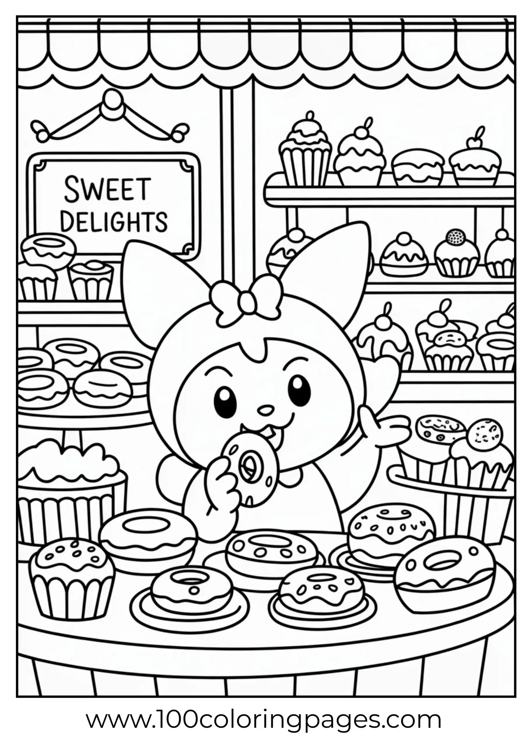 Kuromi eating donuts at bakery table coloring page