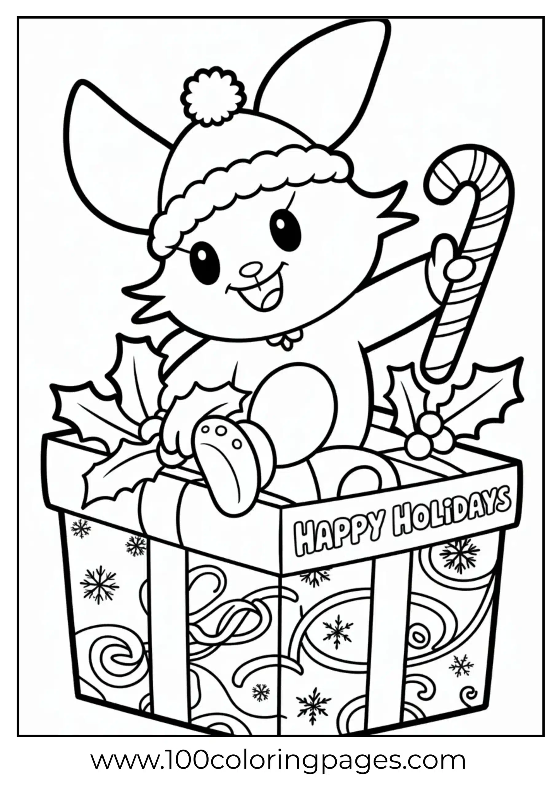 Kuromi on gift with snowflakes coloring page