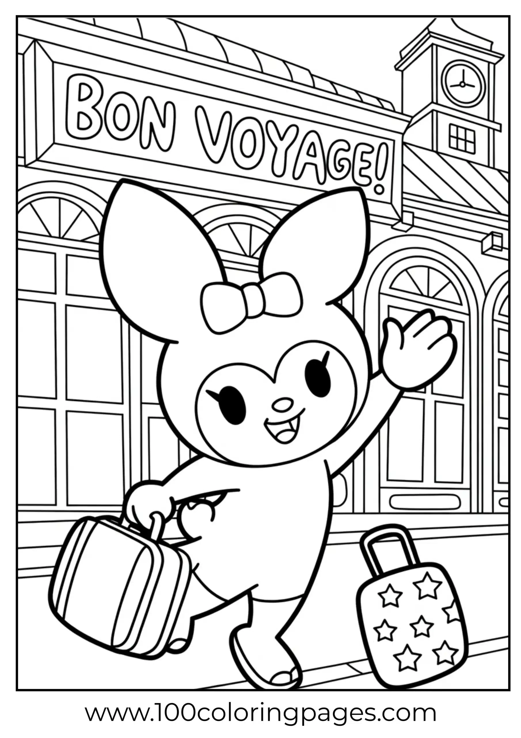 Kuromi with suitcase waving goodbye coloring page