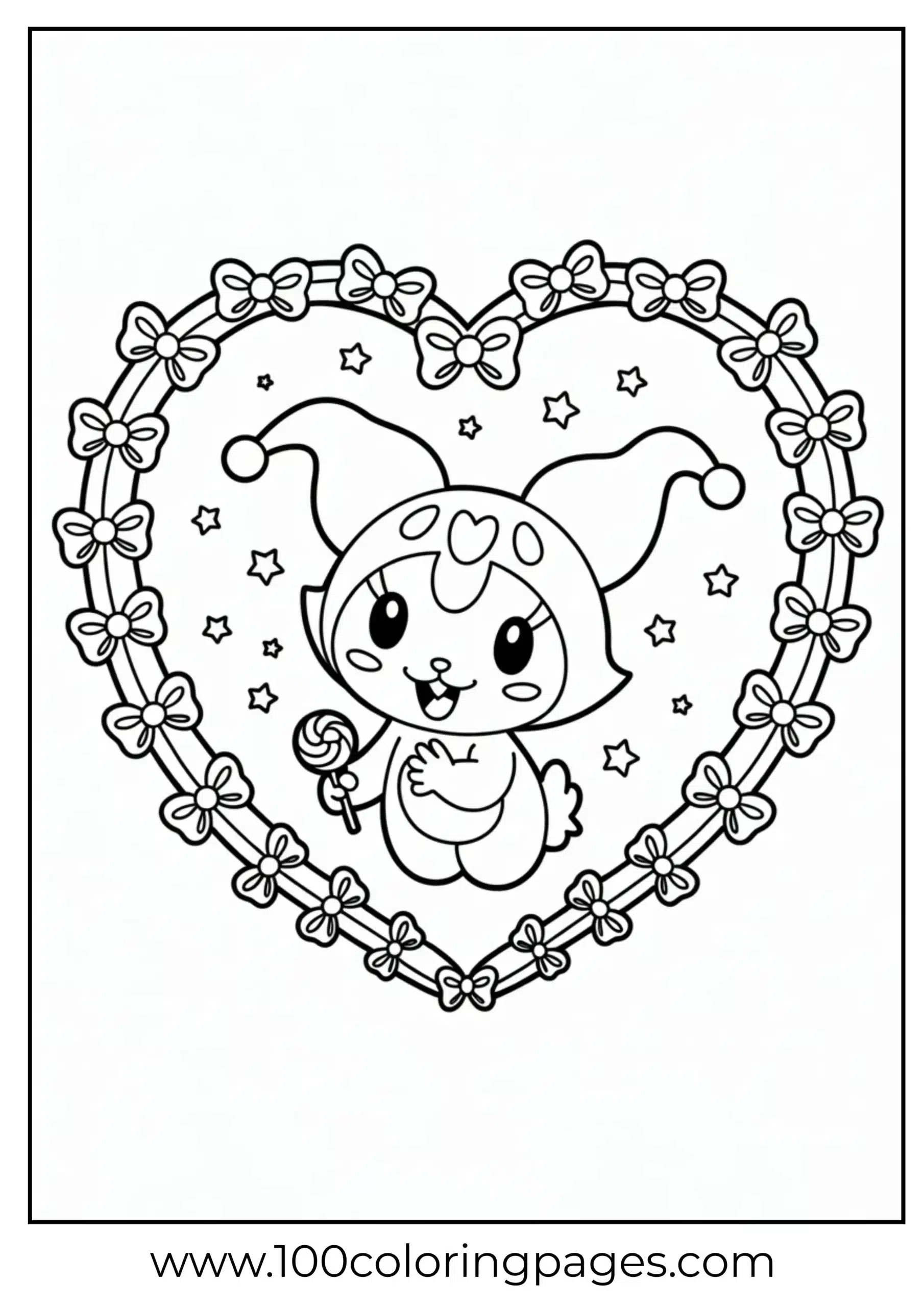 Kuromi in heart frame with bows and stars coloring page