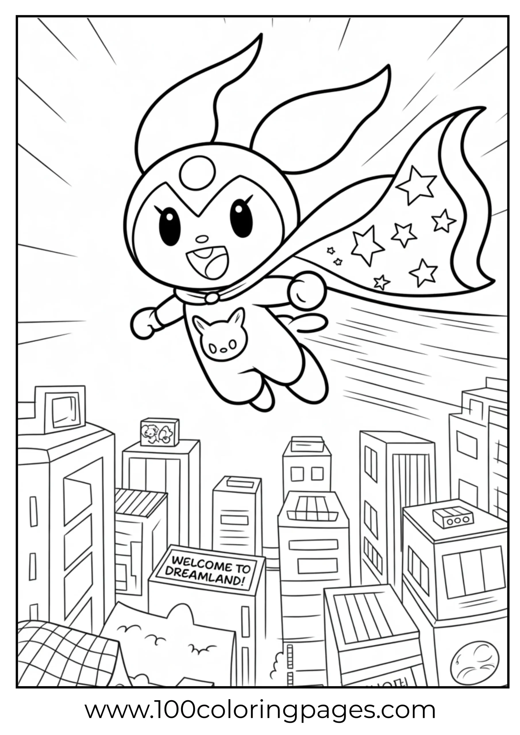 Kuromi flying with cape and city background coloring page