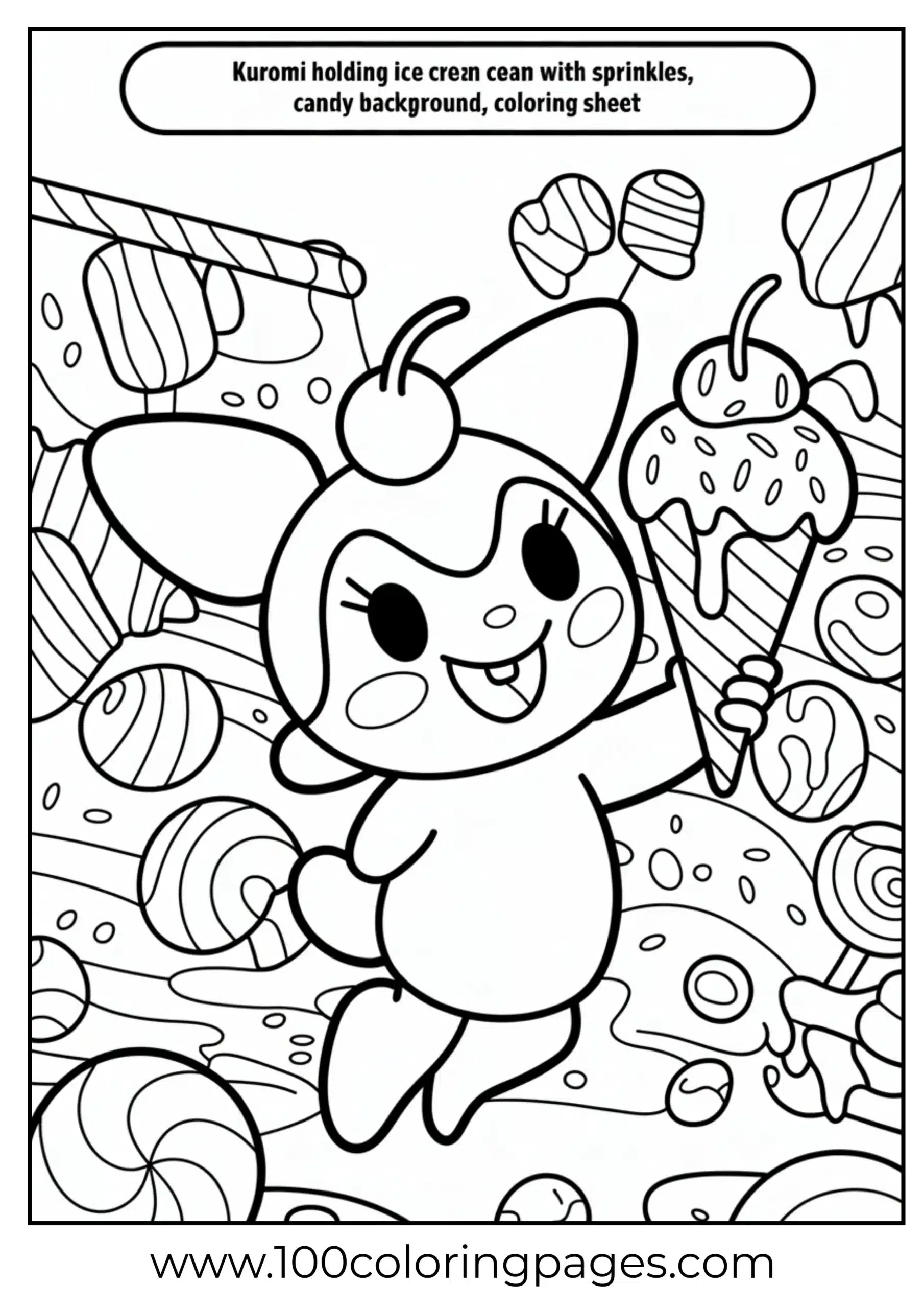Kuromi with ice cream and candy background coloring page