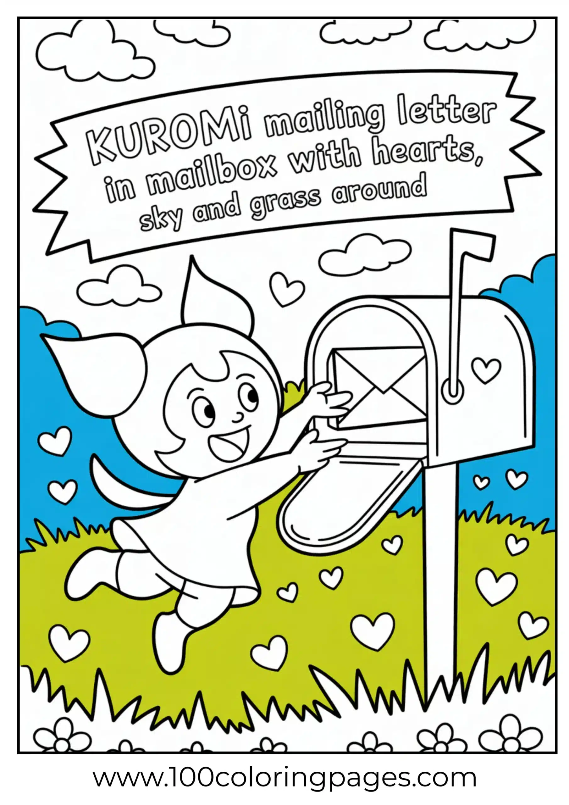 Kuromi mailing letter in mailbox with hearts coloring page