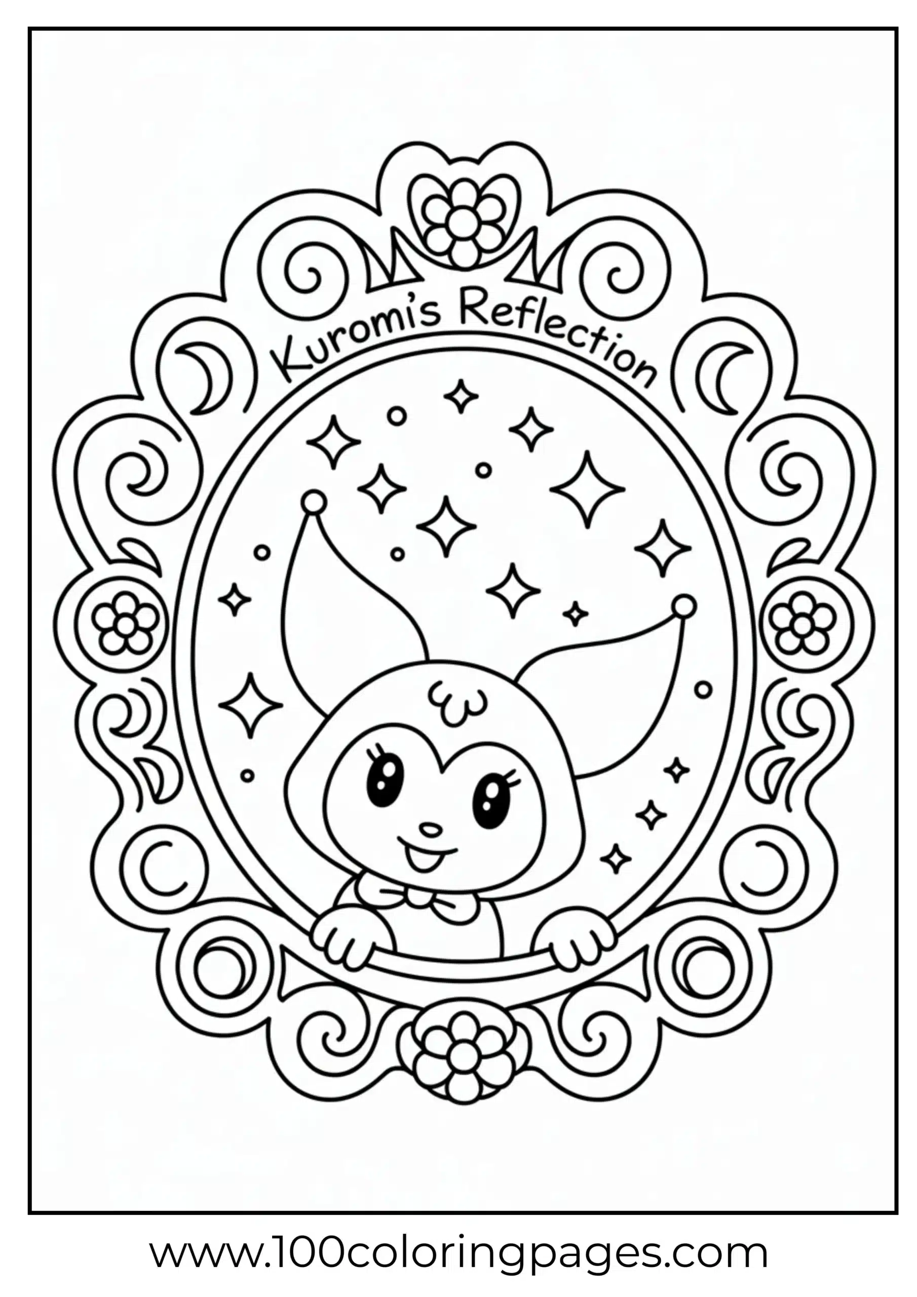 Kuromi inside magical mirror with sparkles and swirls coloring page