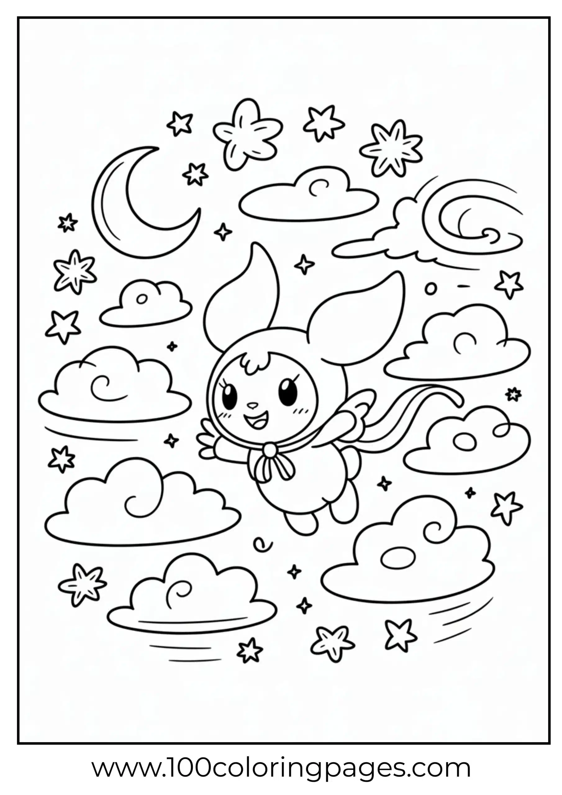 Kuromi floating in dreamy night sky coloring page