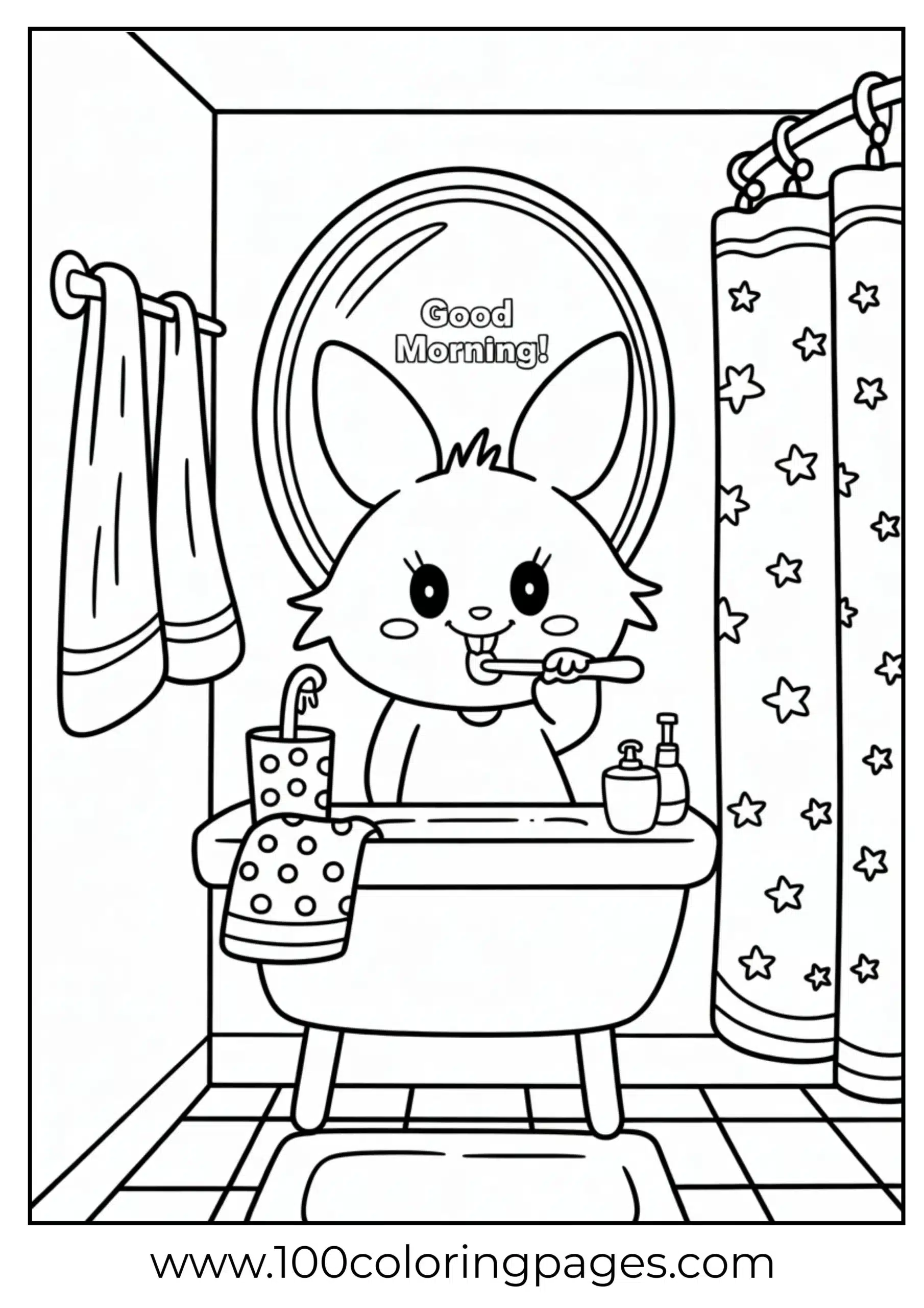Kuromi brushing teeth with mirror and cup coloring page