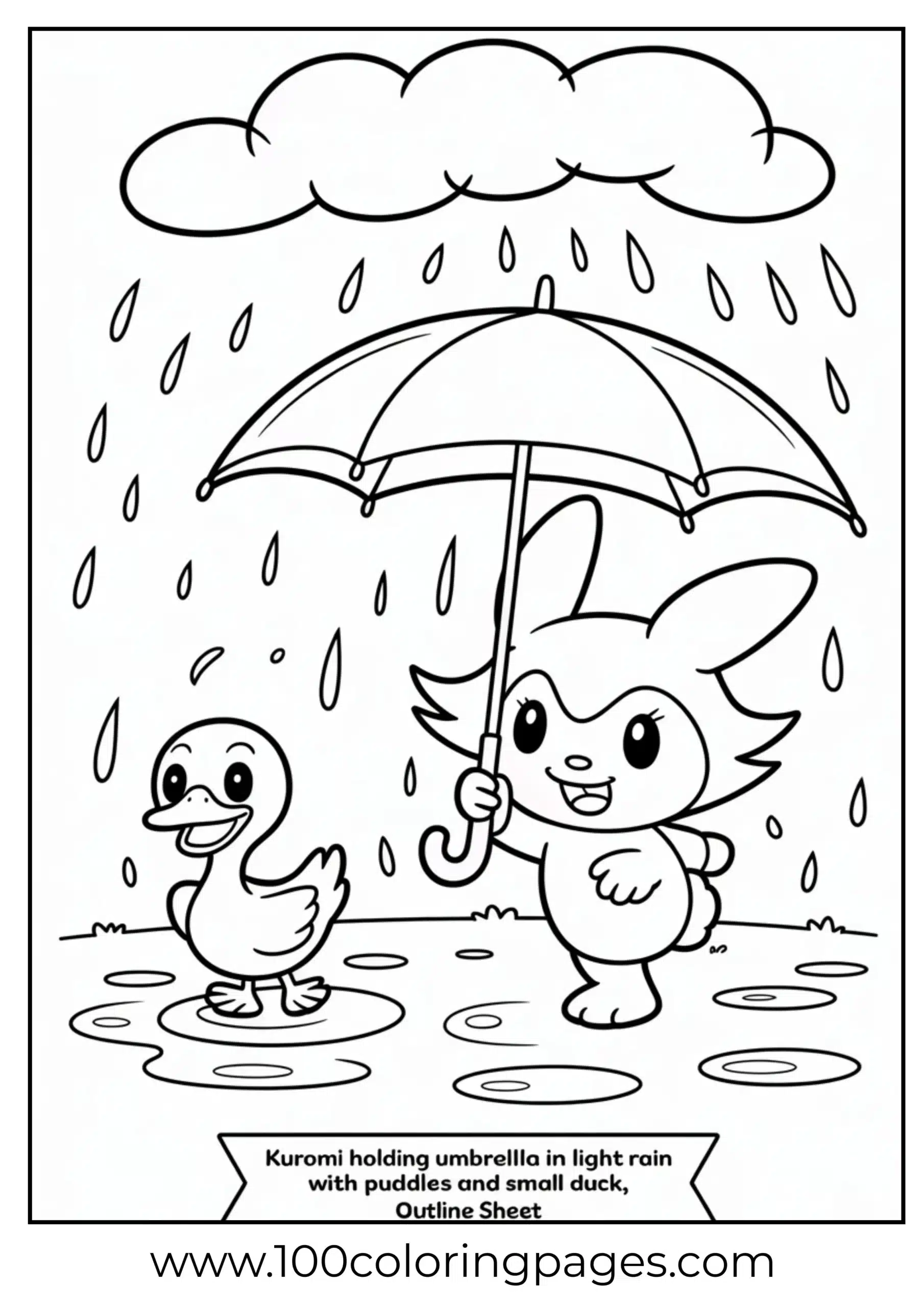 Kuromi holding umbrella with puddles and duck coloring page