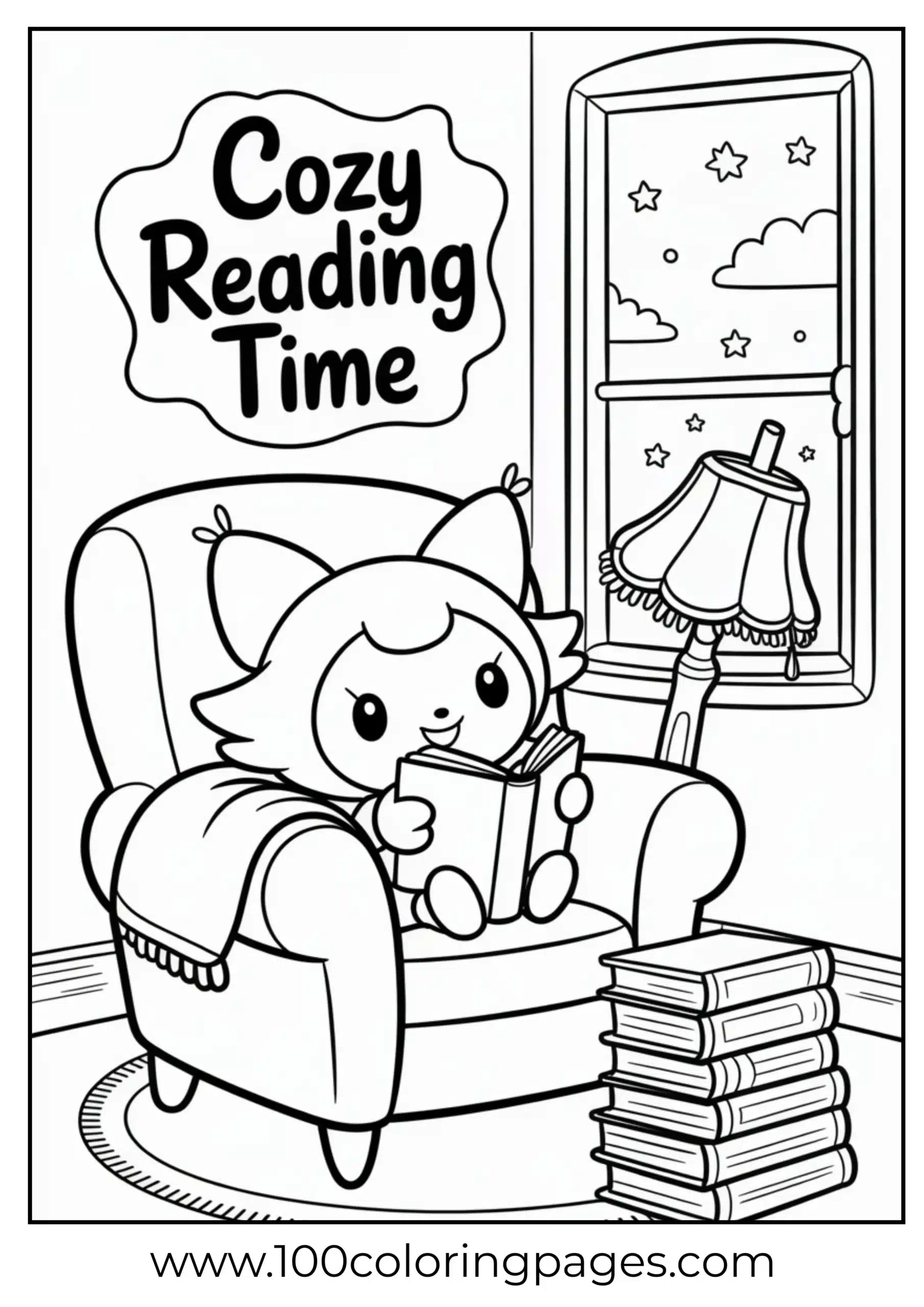 Kuromi reading book in cozy corner coloring page