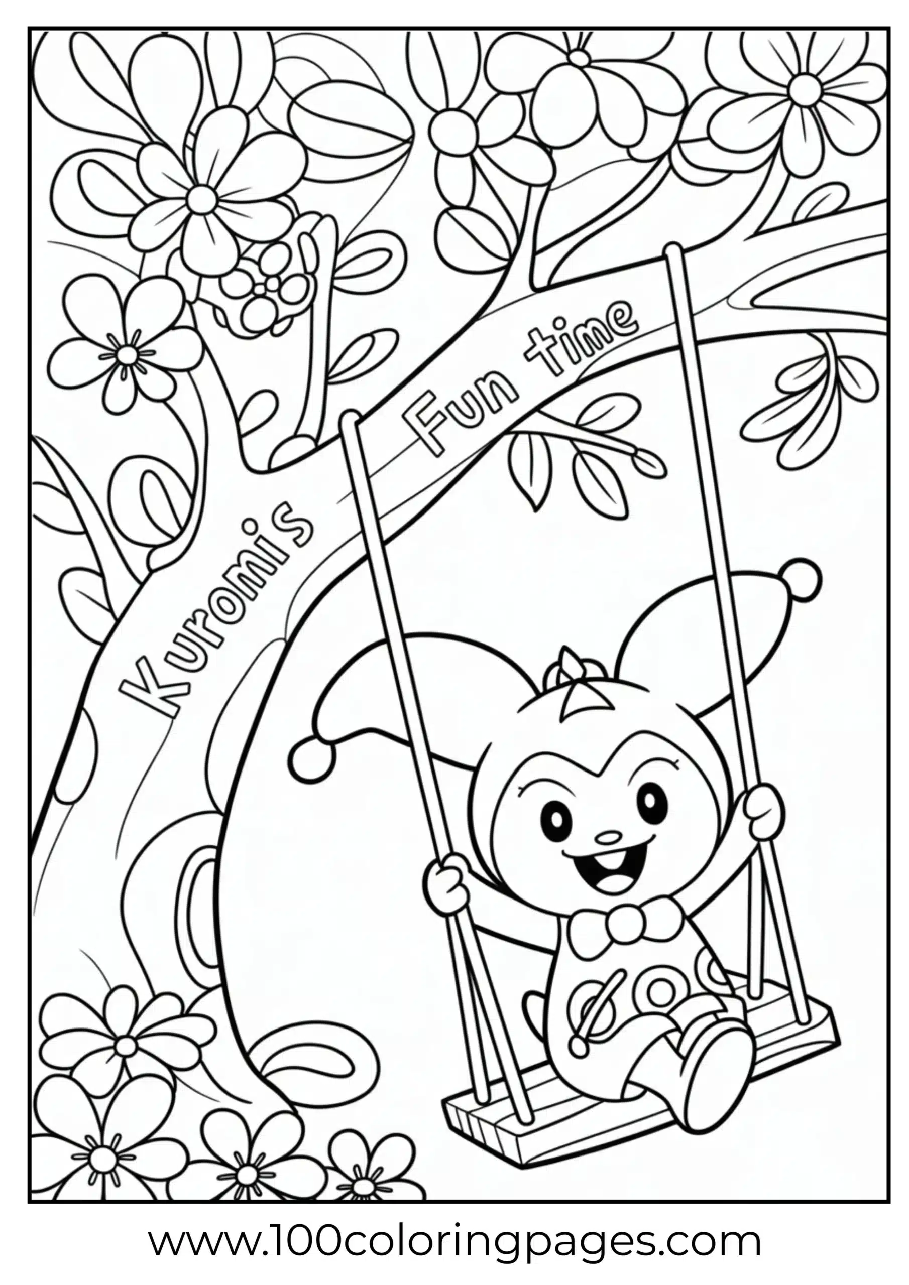 Kuromi on swing with flowers and tree branch coloring page
