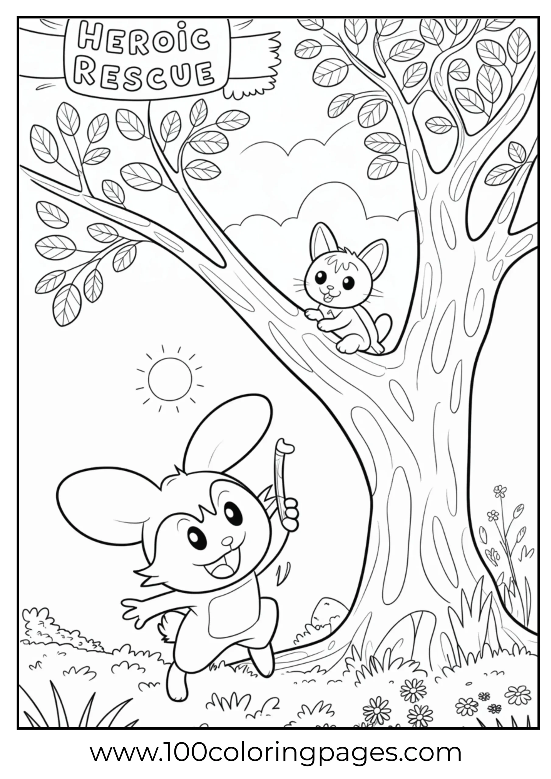 Kuromi climbing tree to rescue kitten coloring page