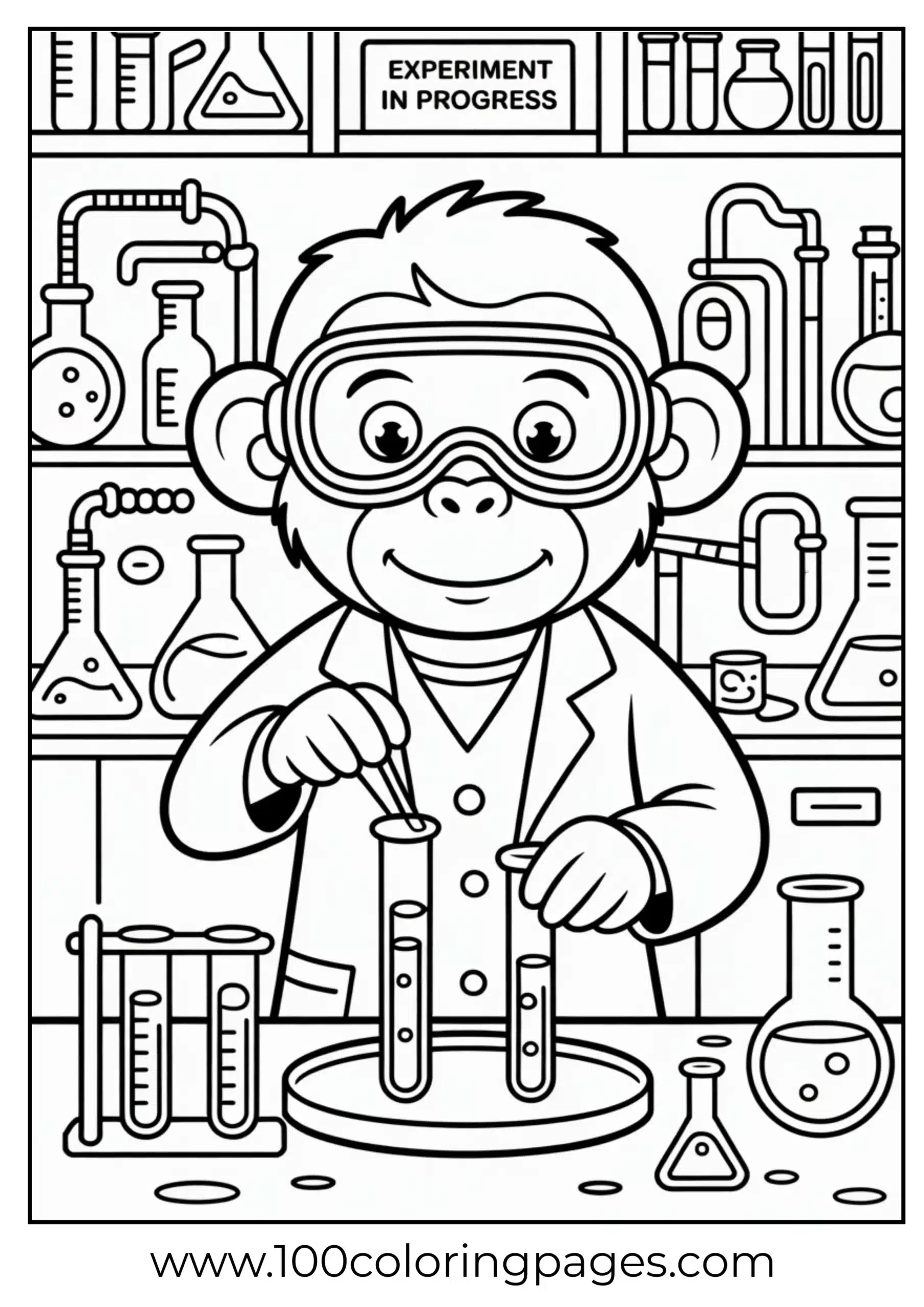 Monkey in lab mixing test tubes coloring page