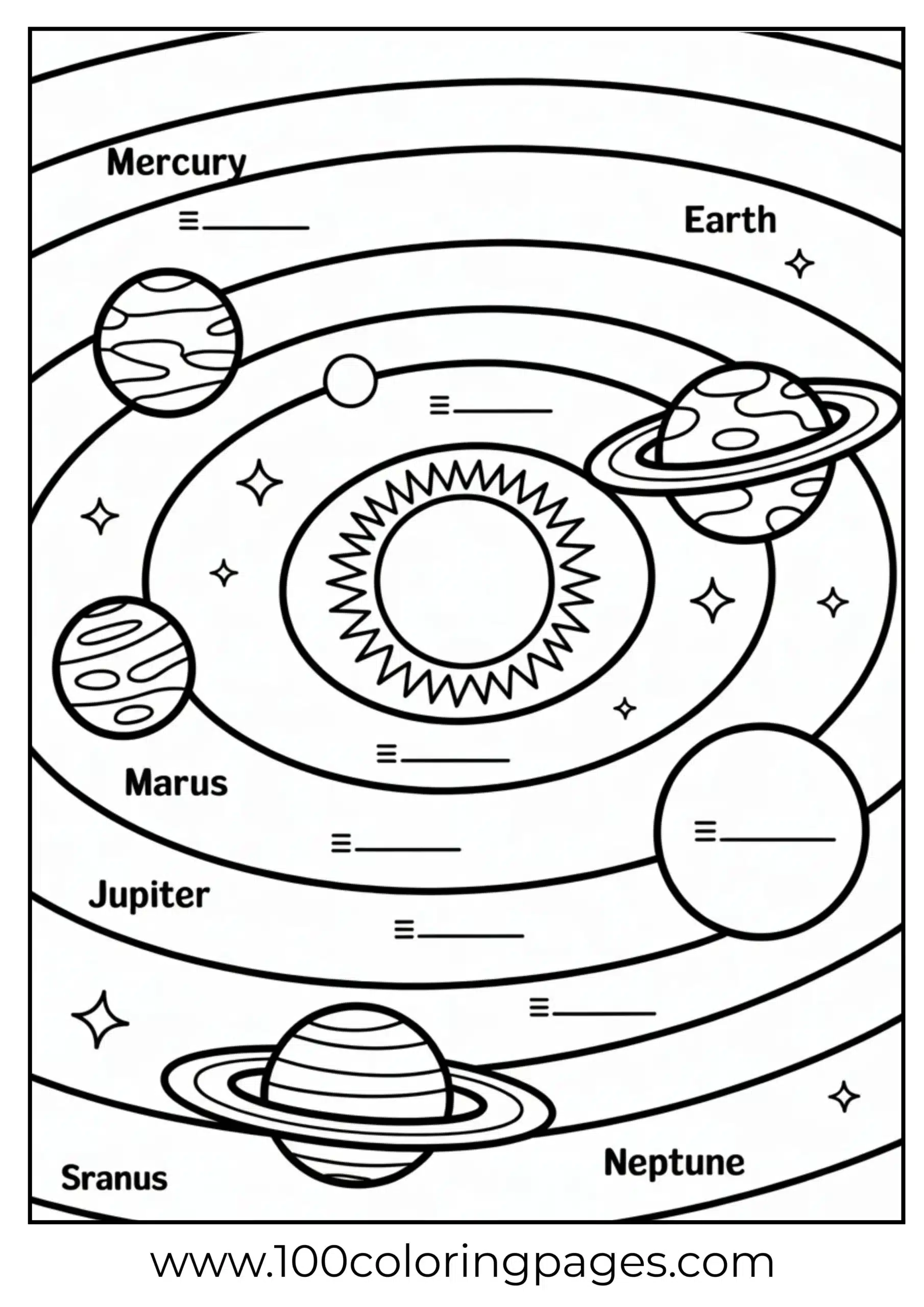 Label planets activity coloring page