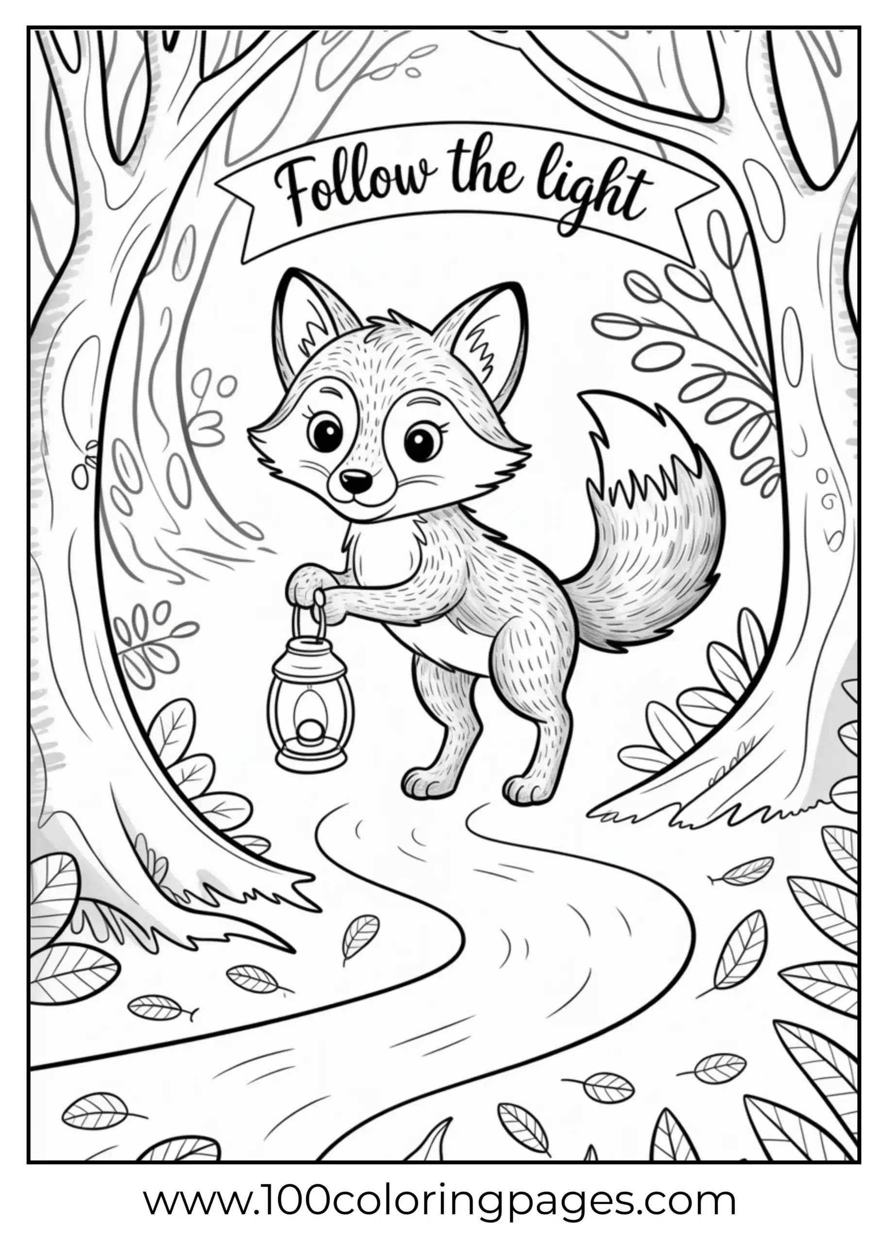 Fox holding lantern walking in forest