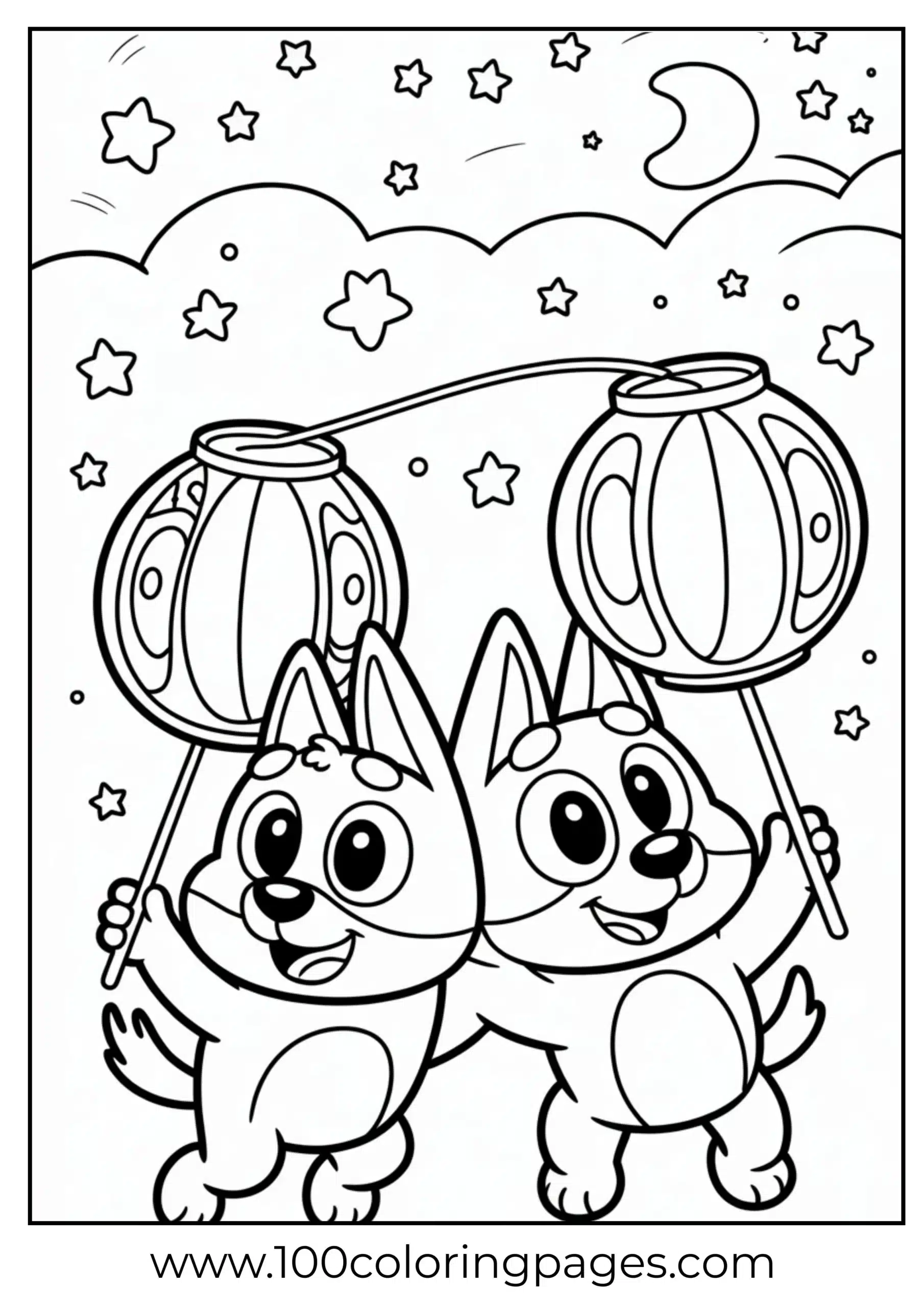 Bluey and Bingo holding lanterns coloring page