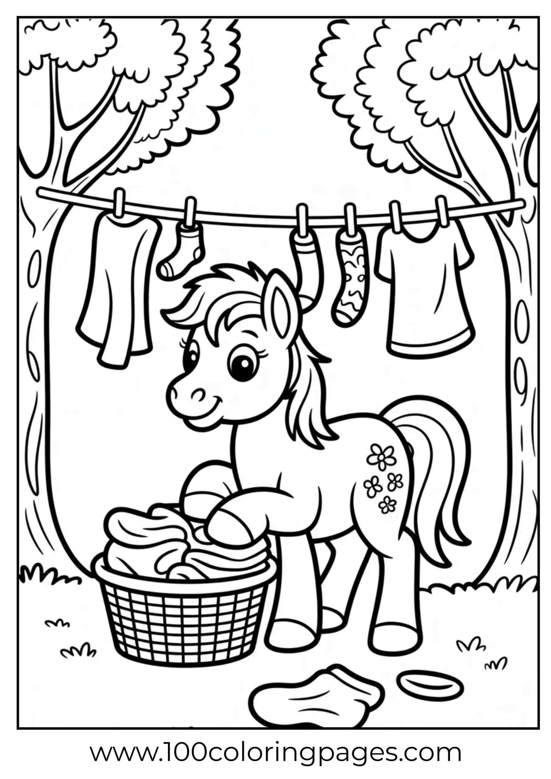 Pony hanging clothes on line with basket