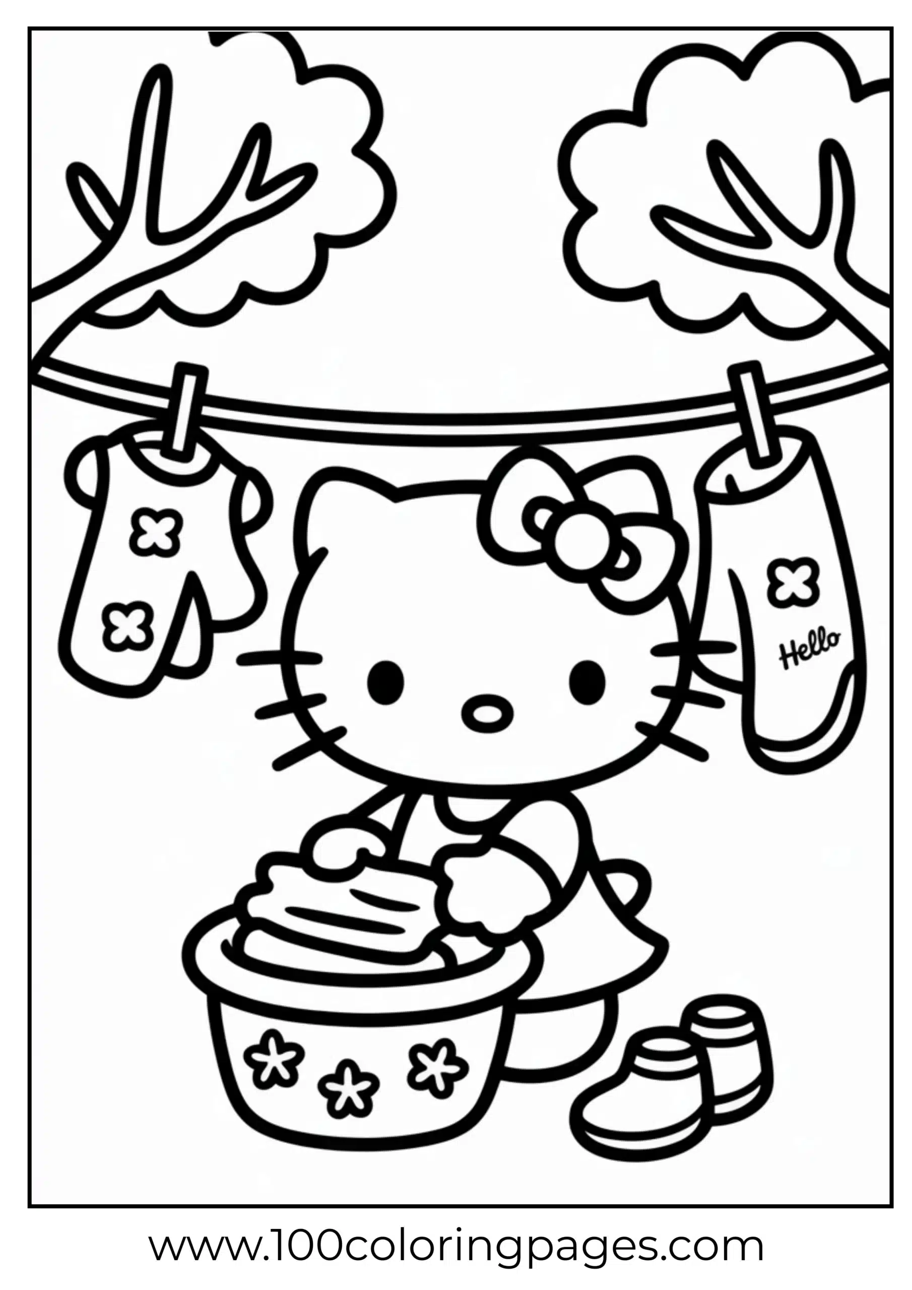 Hello Kitty doing laundry coloring page